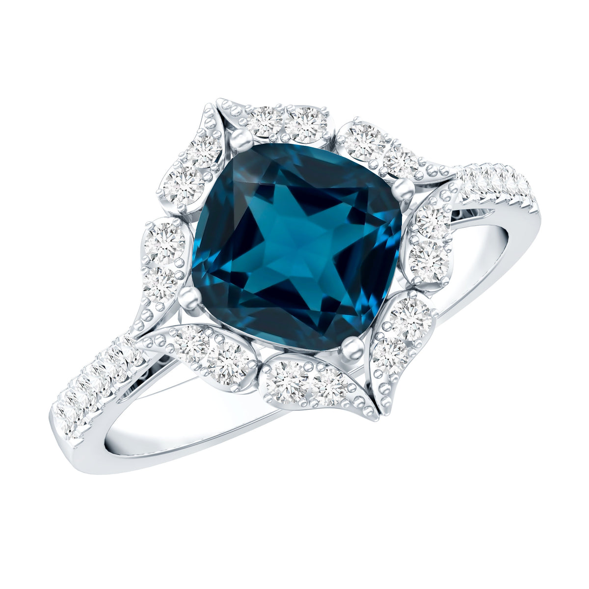 2.8 Carat Cushion Cut London Blue Topaz Nature Engagement Ring with Diamond Halo