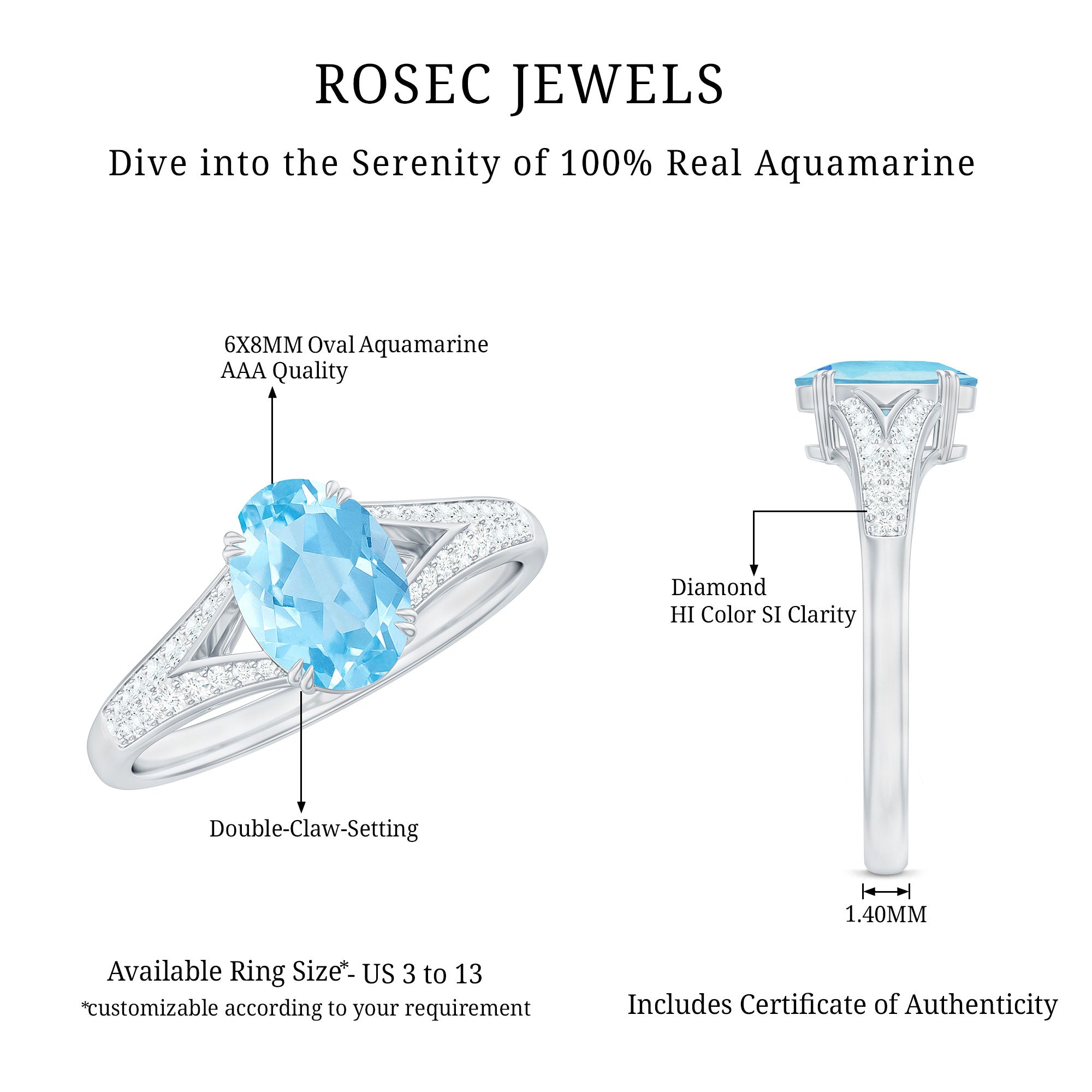 Genuine 1 Carat Oval Aquamarine Engagement Ring with Diamond Split Shank AAA - Rosec Jewels