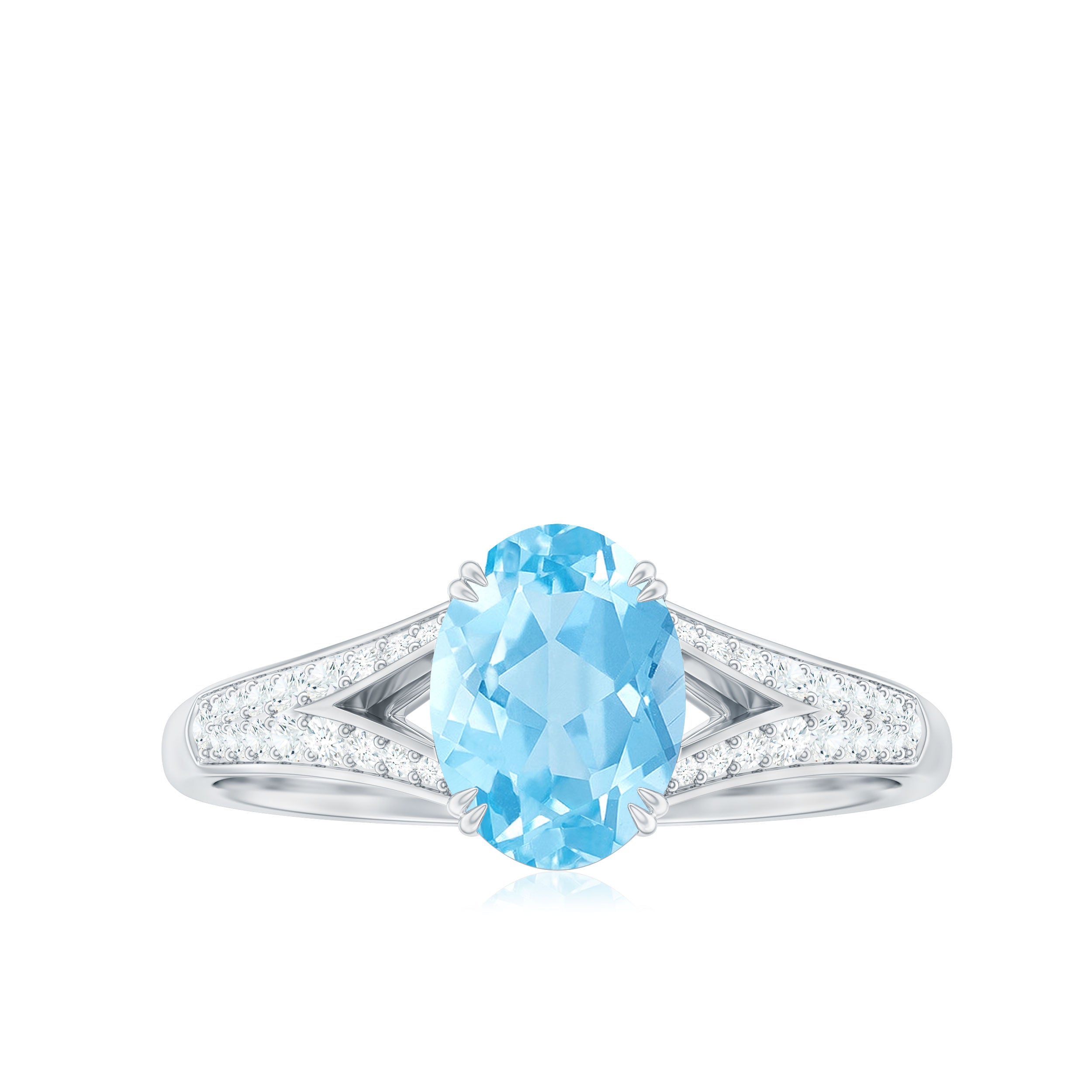 Genuine 1 Carat Oval Aquamarine Engagement Ring with Diamond Split Shank AAA - Rosec Jewels