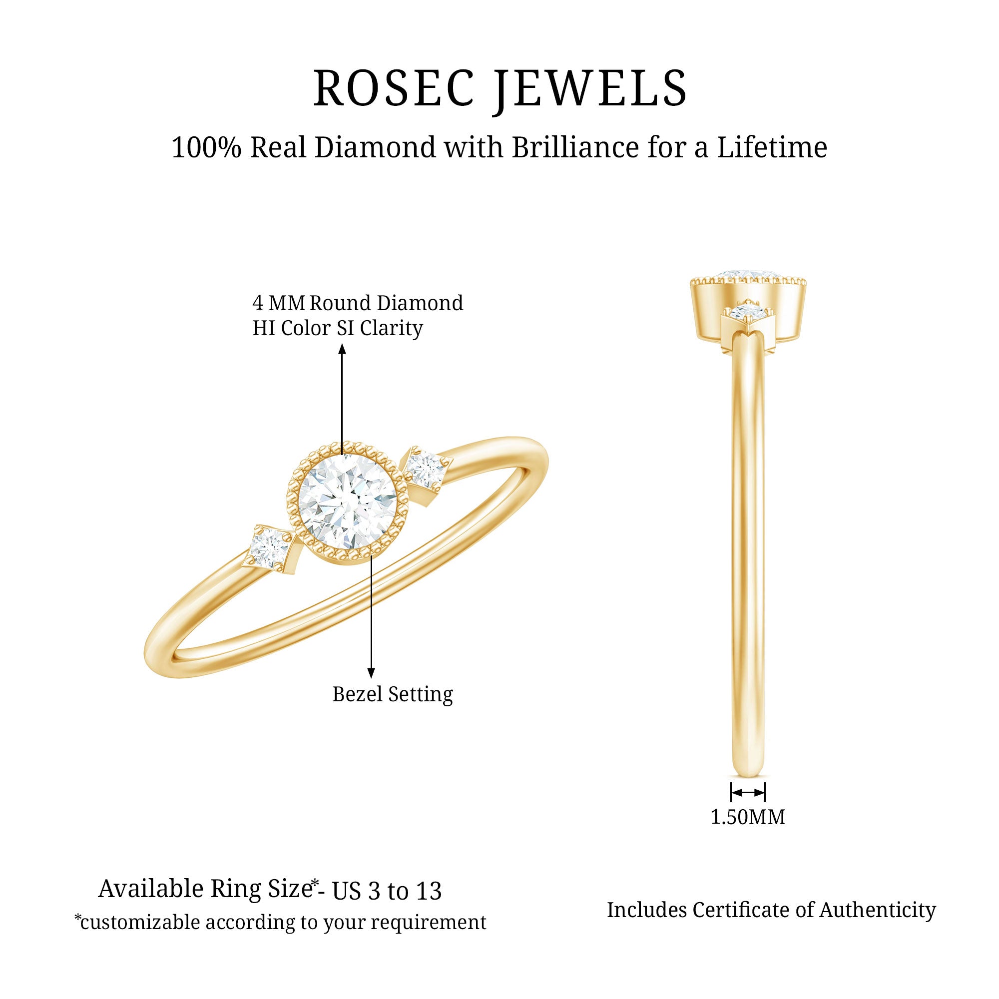 Minimal Diamond Promise Ring in Bezel Setting Natural - ( HI-SI ) - Rosec Jewels