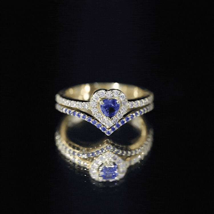 Certified Lab Grown Blue Sapphire Heart Engagement Ring Set with Real Diamond AAAA - Rosec Jewels