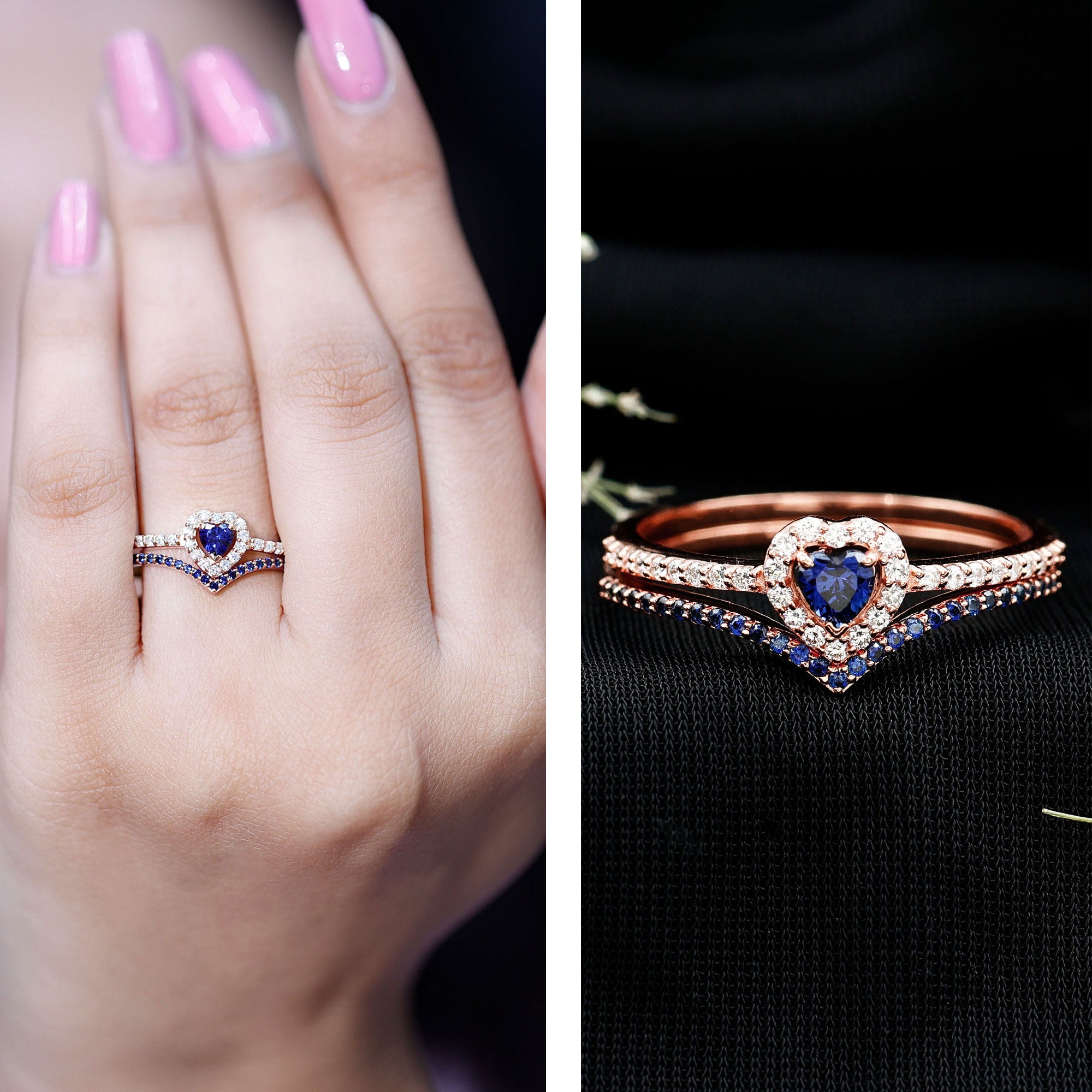 Certified Lab Grown Blue Sapphire Heart Engagement Ring Set with Real Diamond AAAA - Rosec Jewels