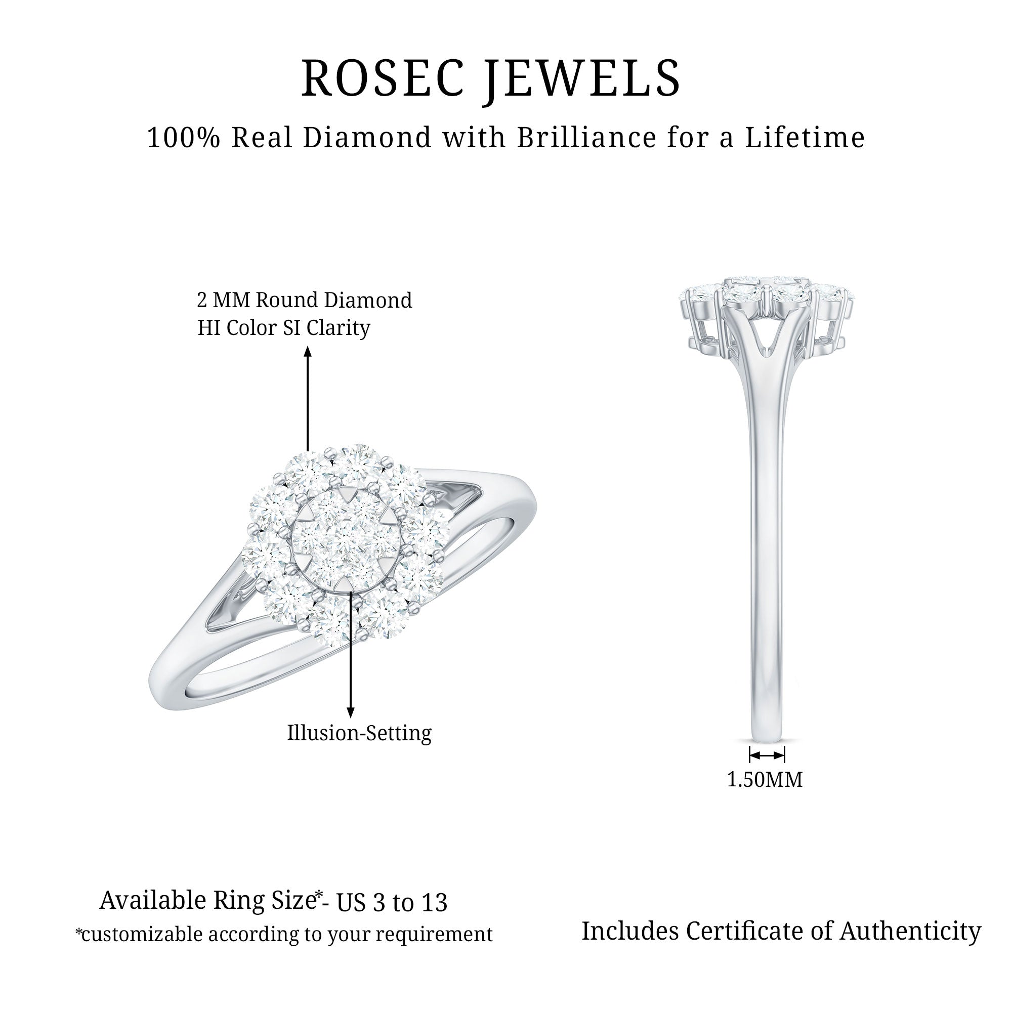 Certified Real Diamond Cluster Ring with Halo Natural - ( HI-SI ) - Rosec Jewels