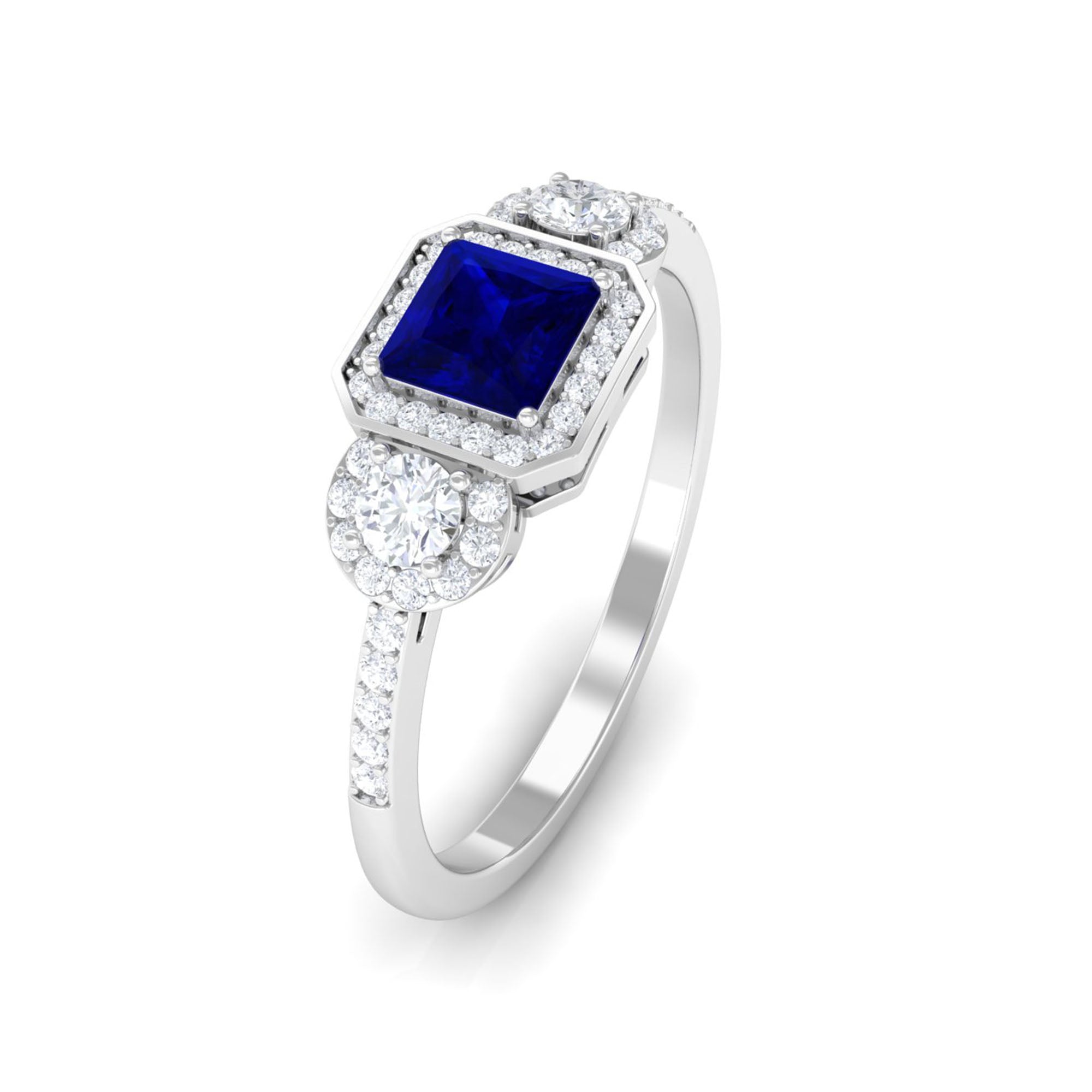 Real Blue Sapphire Princess Cut Blue Sapphire Engagement Ring with Diamond AAA - Rosec Jewels