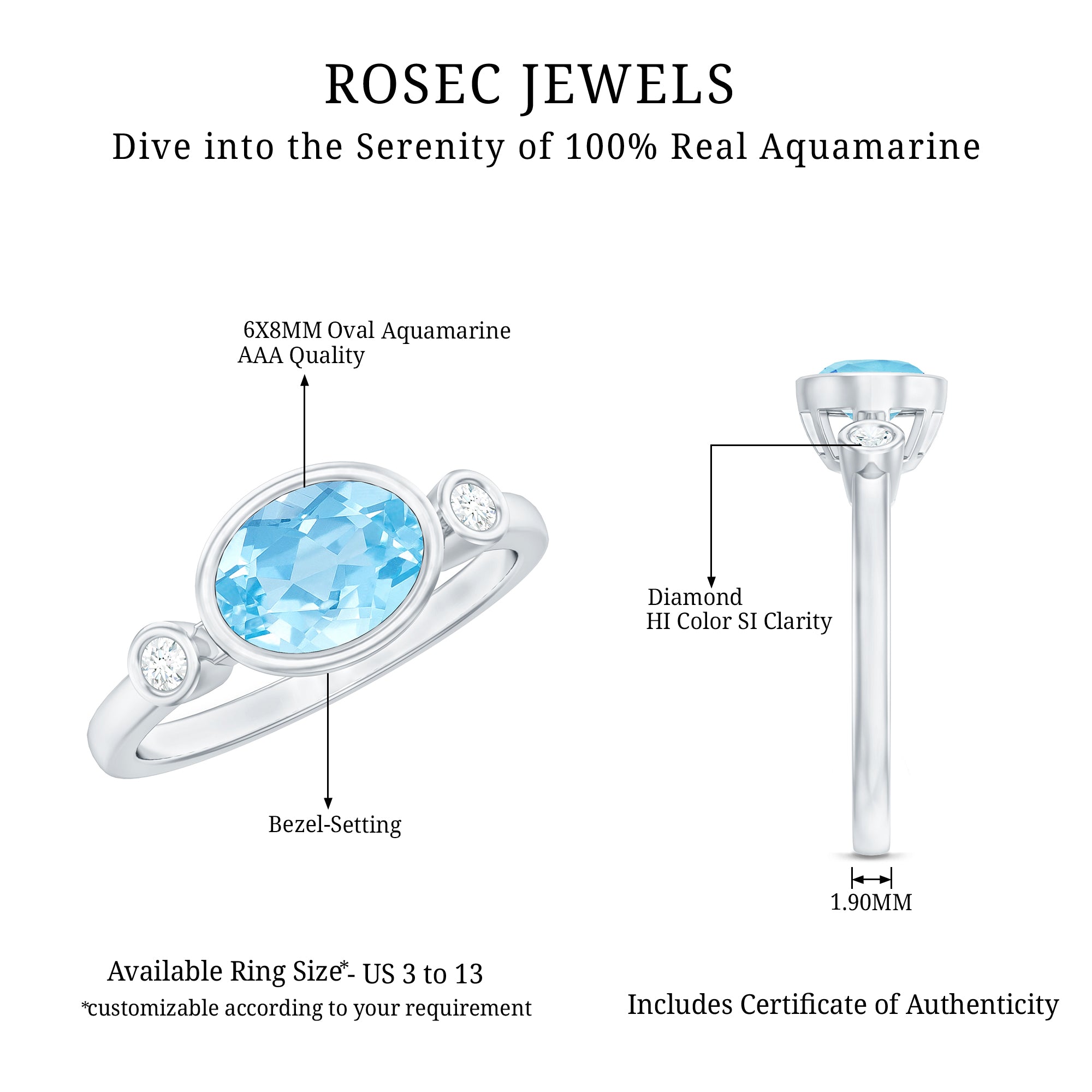 Bezel Set Aquamarine and Diamond East West Engagement Ring AAA - Rosec Jewels