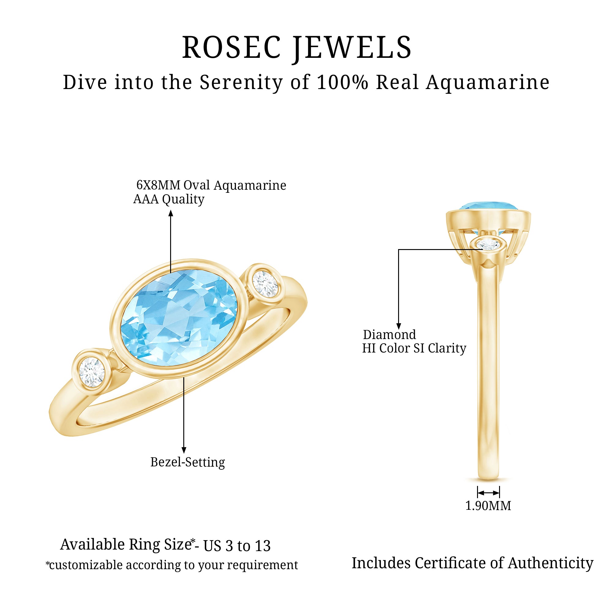 Bezel Set Aquamarine and Diamond East West Engagement Ring AAA - Rosec Jewels