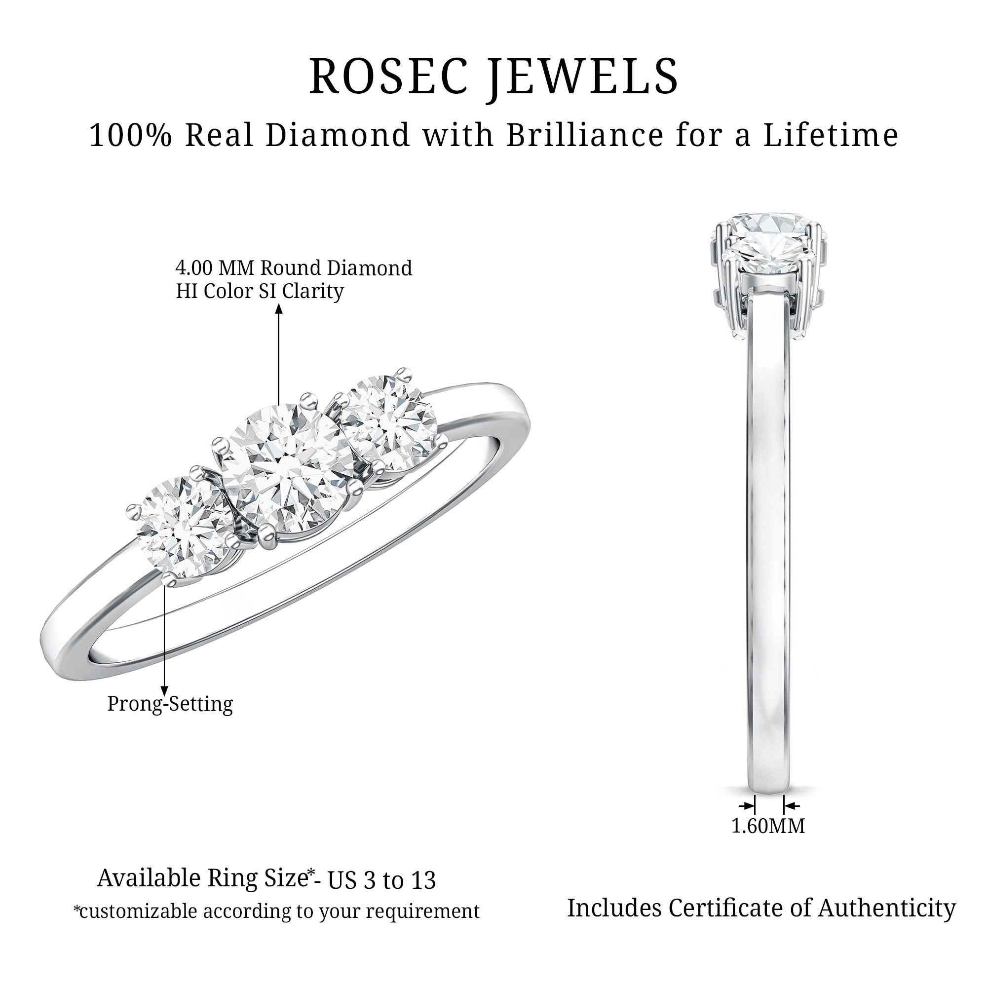 Natural Diamond 3 Stone Engagement Ring with Certificate Natural - ( HI-SI ) - Rosec Jewels