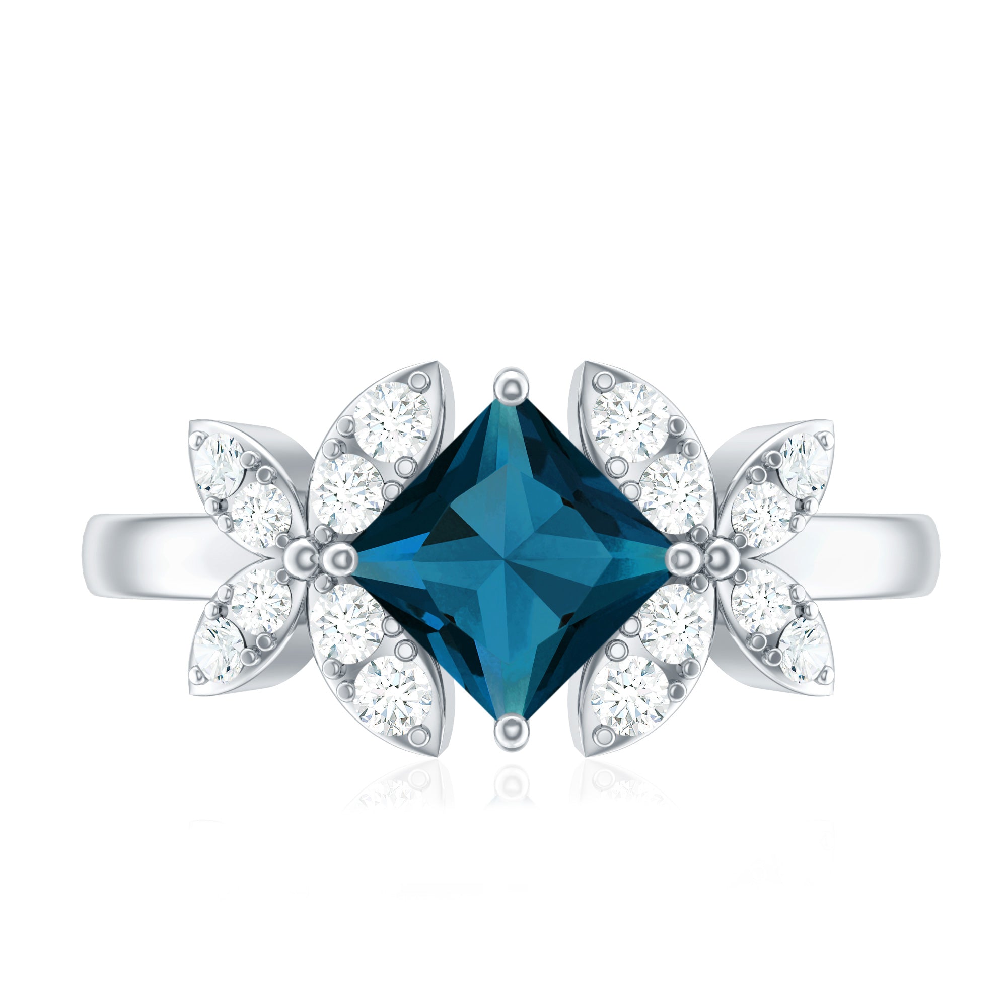 6mm Princess Cut London Blue Topaz Floral Engagement Ring with Diamond AAA - Rosec Jewels