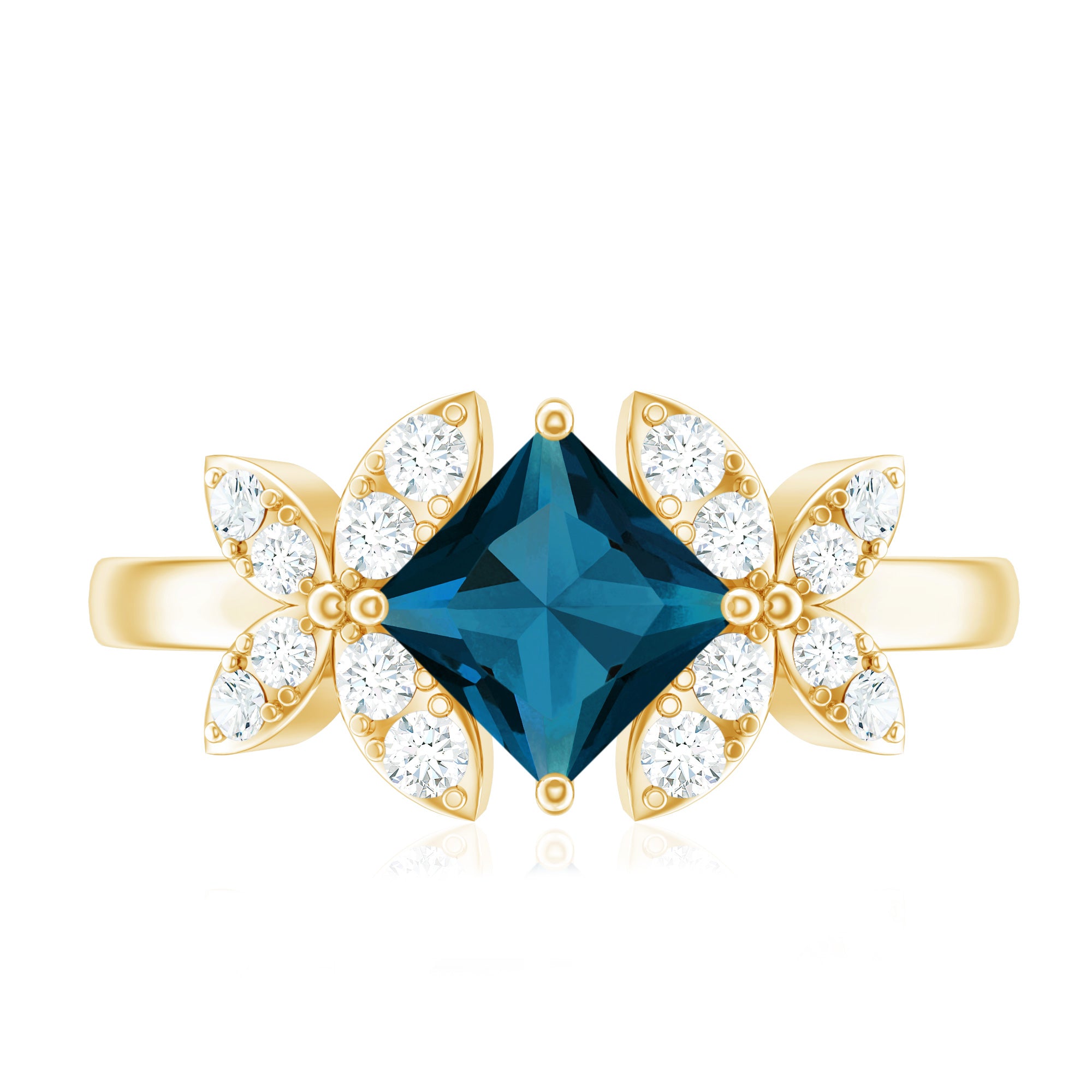 6mm Princess Cut London Blue Topaz Floral Engagement Ring with Diamond AAA - Rosec Jewels
