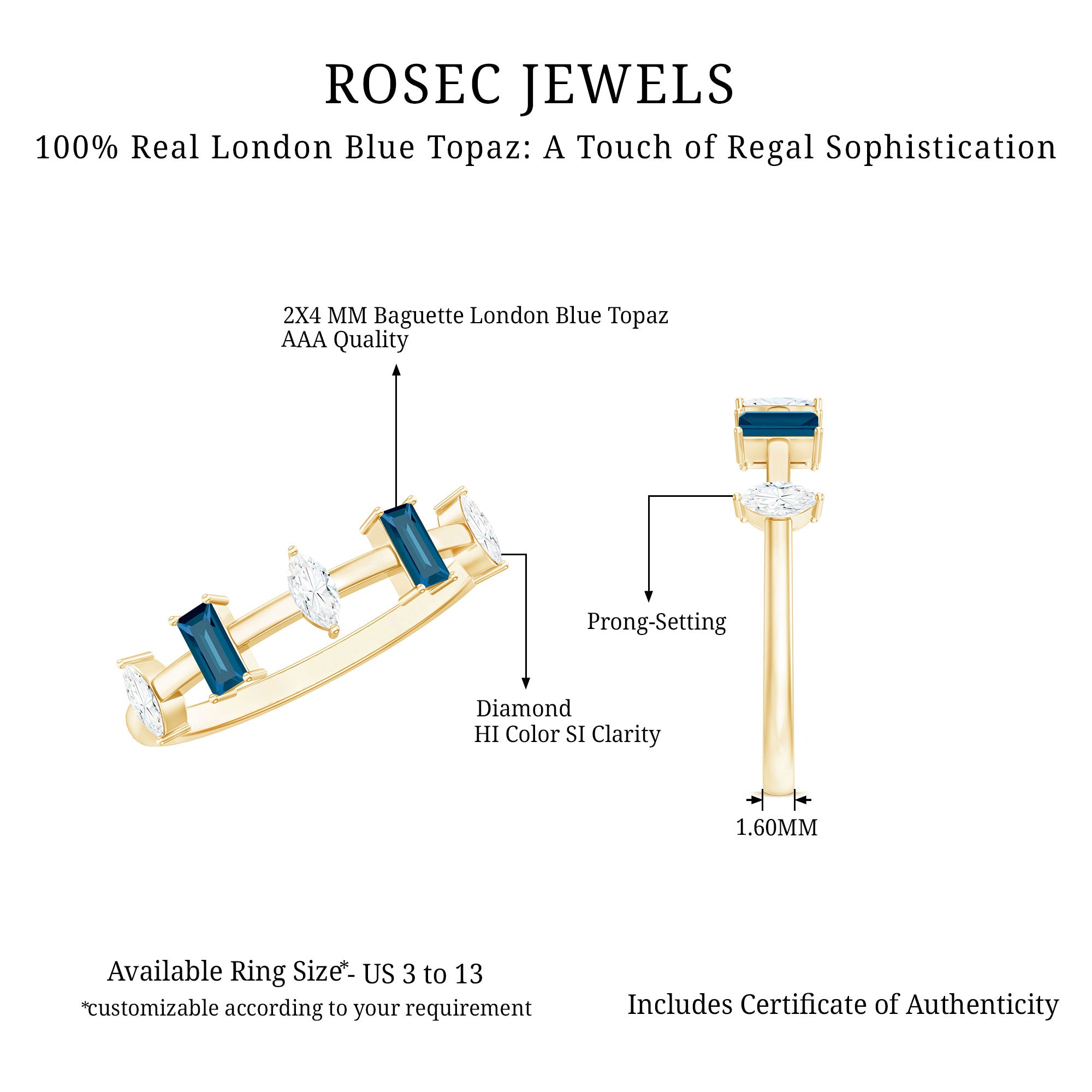 Baguette London Blue Topaz and Marquise Diamond Half Eternity Ring AAA - Rosec Jewels