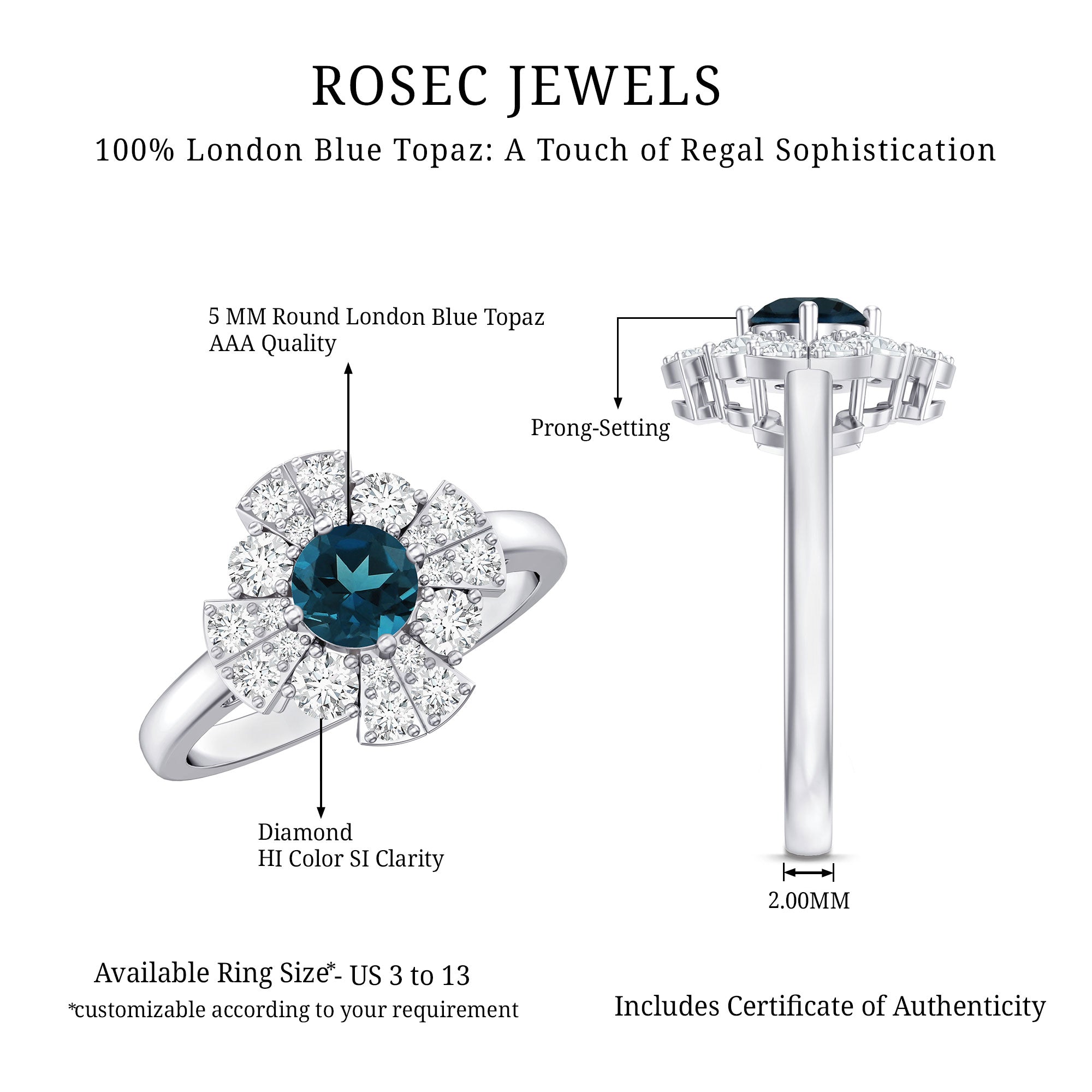 Rosec Jewels-London Blue Topaz Floral Engagement Ring with Diamond