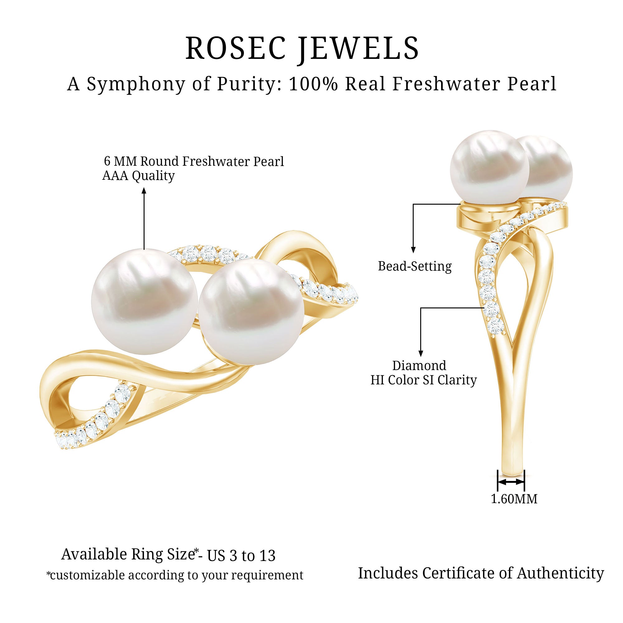 Rosec Jewels-Cultured Freshwater Pearl Toi Et Moi Engagement Ring with Diamond