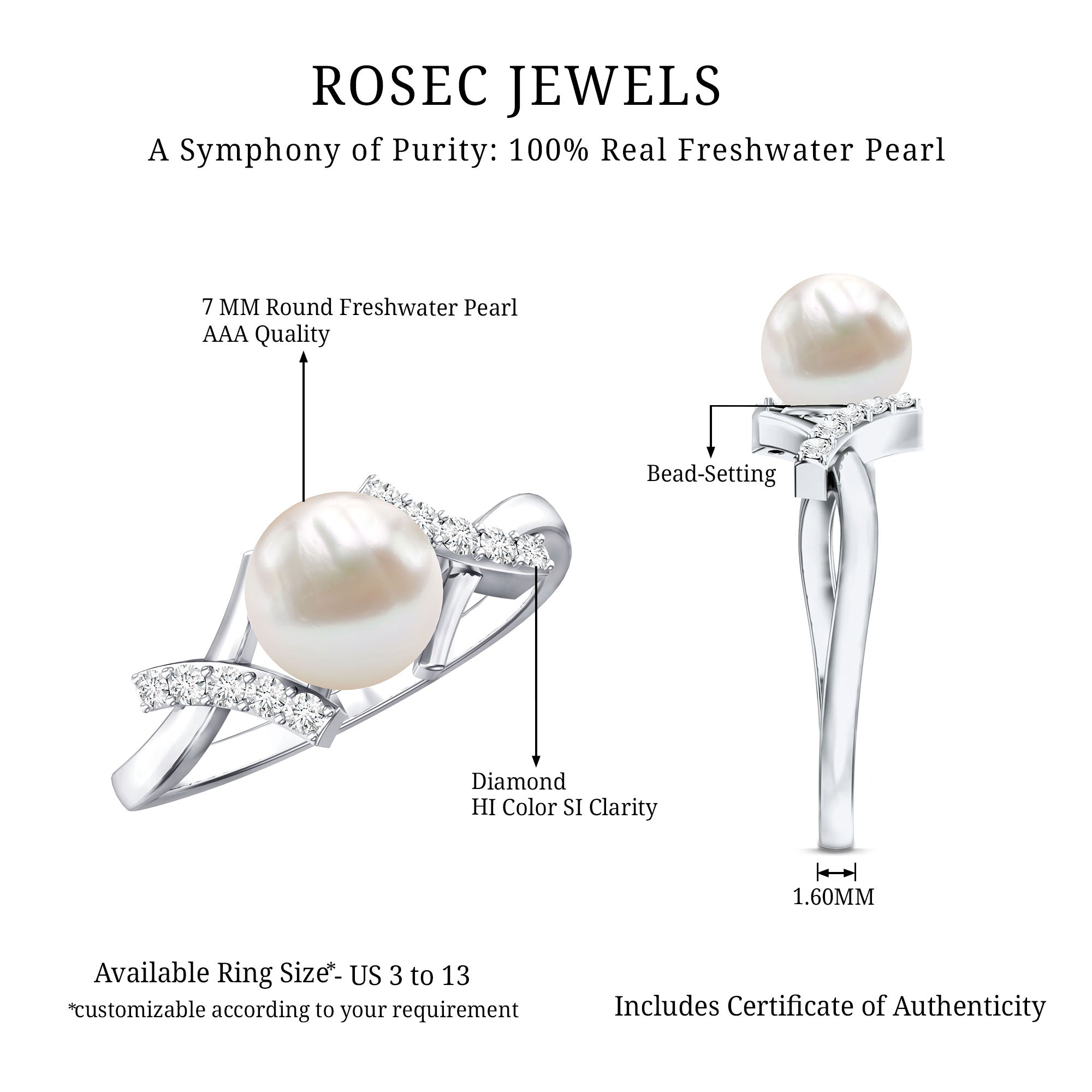Freshwater Pearl Solitaire Crossover Engagement Ring with Diamond AAA - Rosec Jewels