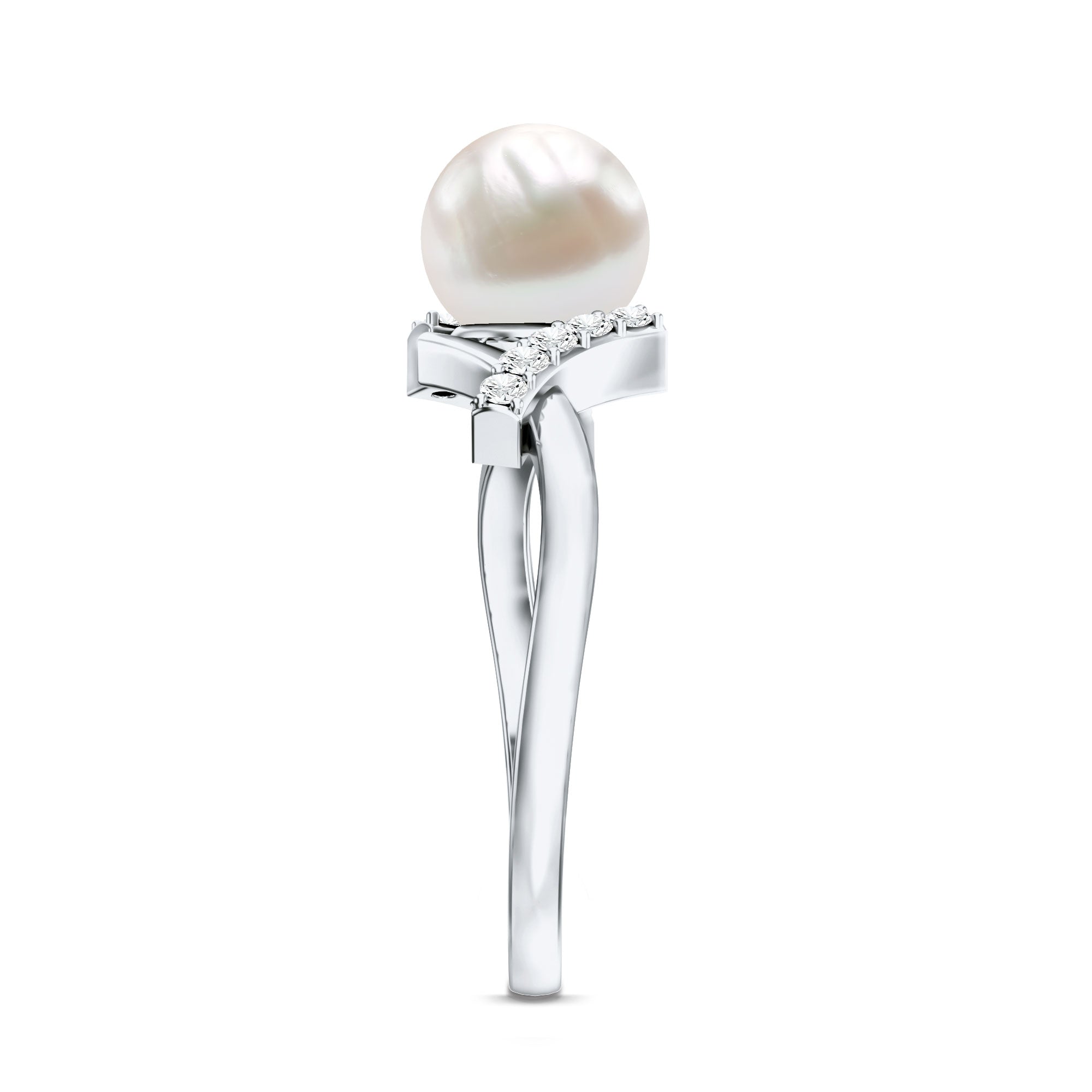 Freshwater Pearl Solitaire Crossover Engagement Ring with Diamond AAA - Rosec Jewels