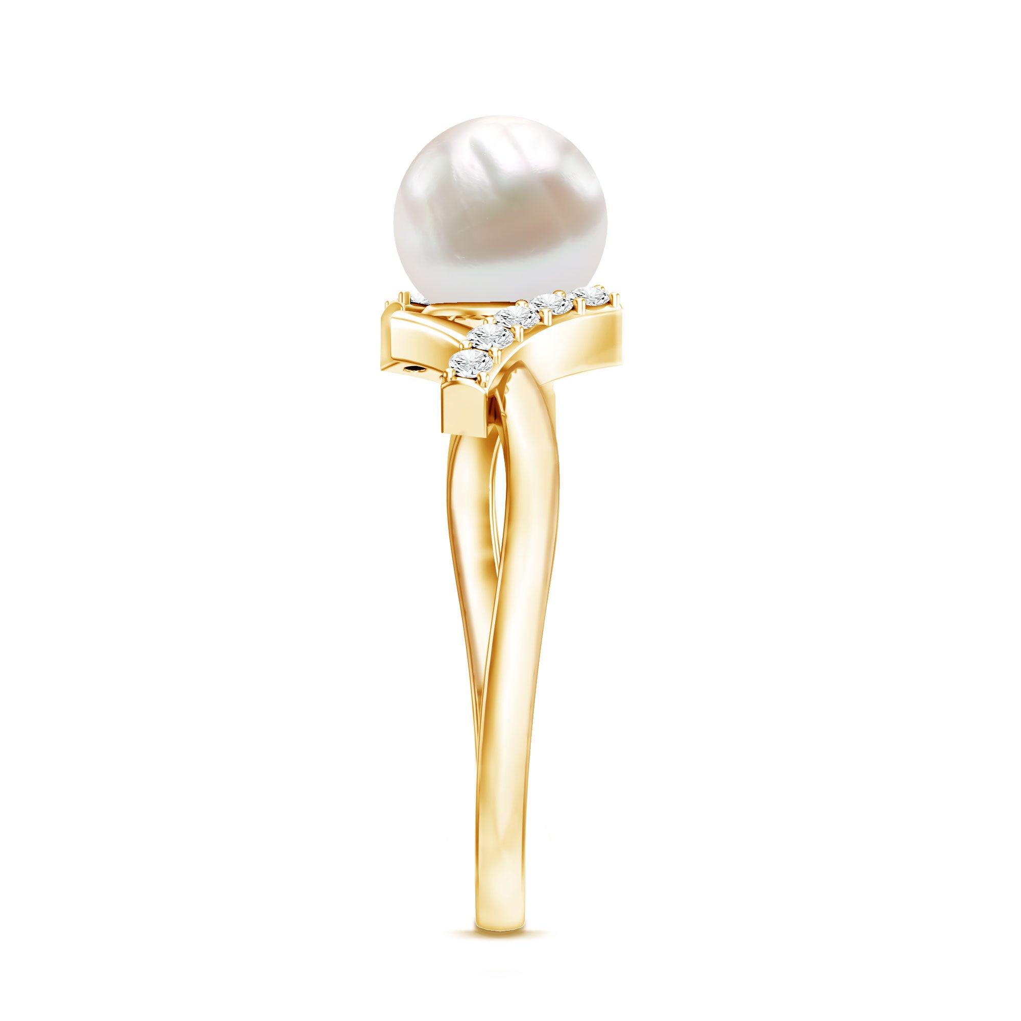 Freshwater Pearl Solitaire Crossover Engagement Ring with Diamond AAA - Rosec Jewels