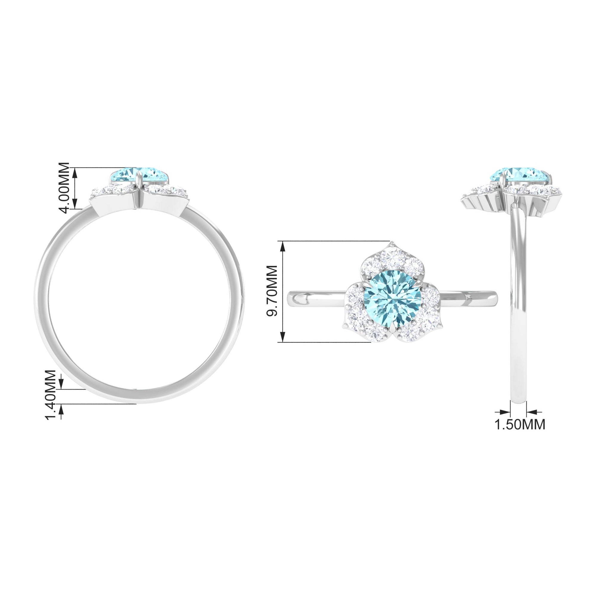 Real Round Aquamarine and Diamond Flower Engagement Ring with Certificate AAA - Rosec Jewels