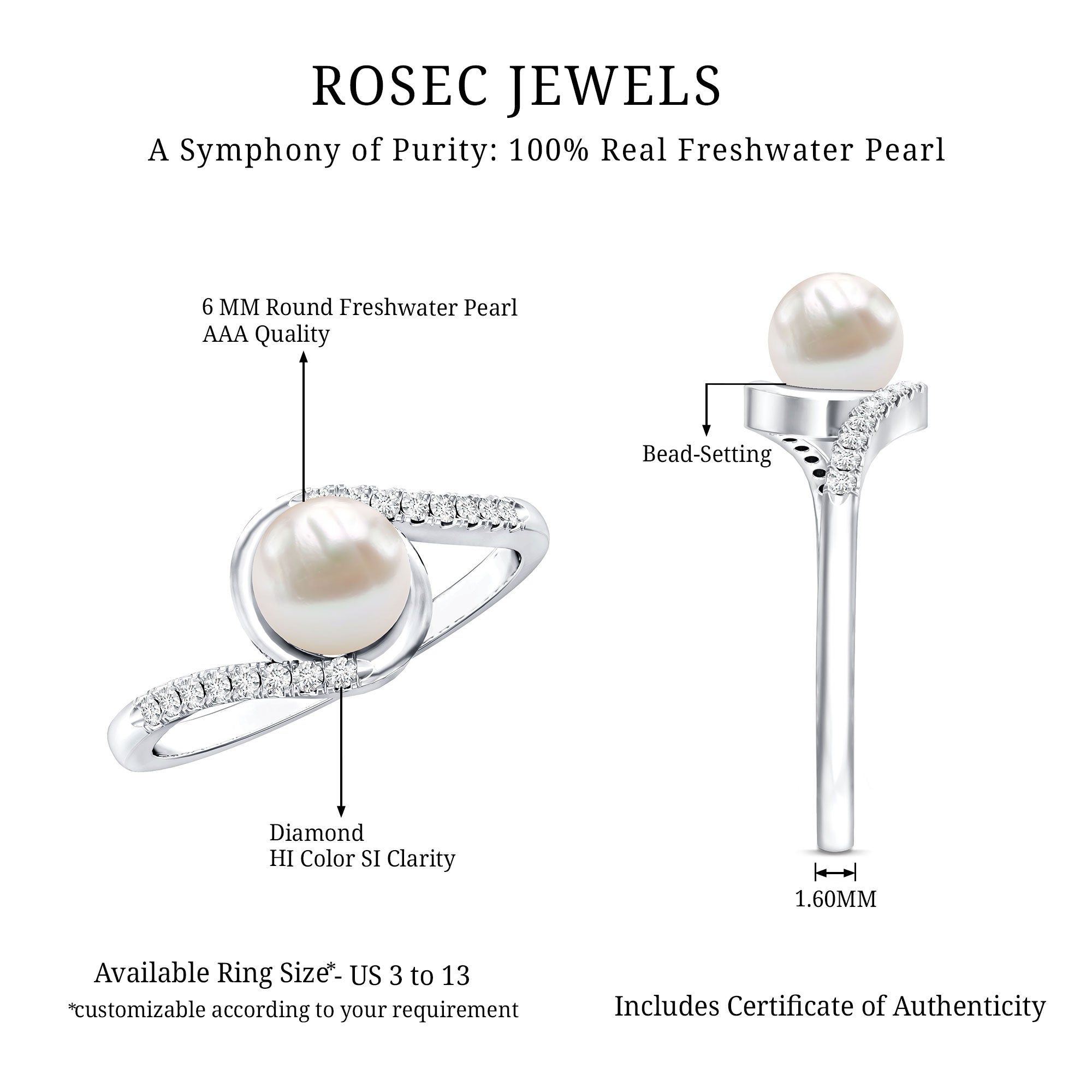 Rosec Jewels-Freshwater Pearl Solitaire Bypass Engagement Ring with Diamond Accent