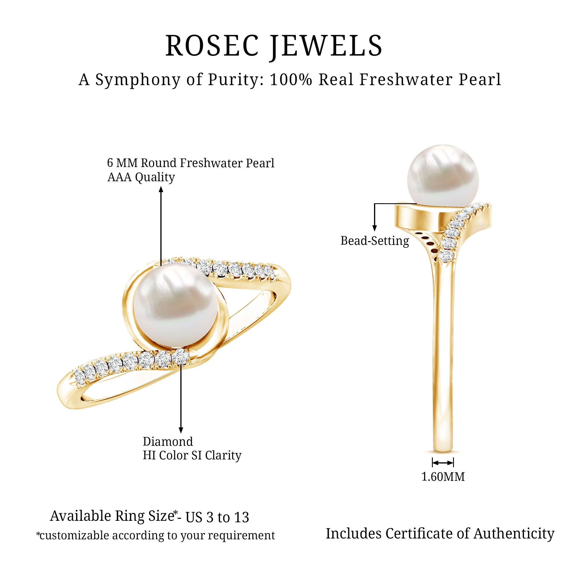 Rosec Jewels-Freshwater Pearl Solitaire Bypass Engagement Ring with Diamond Accent