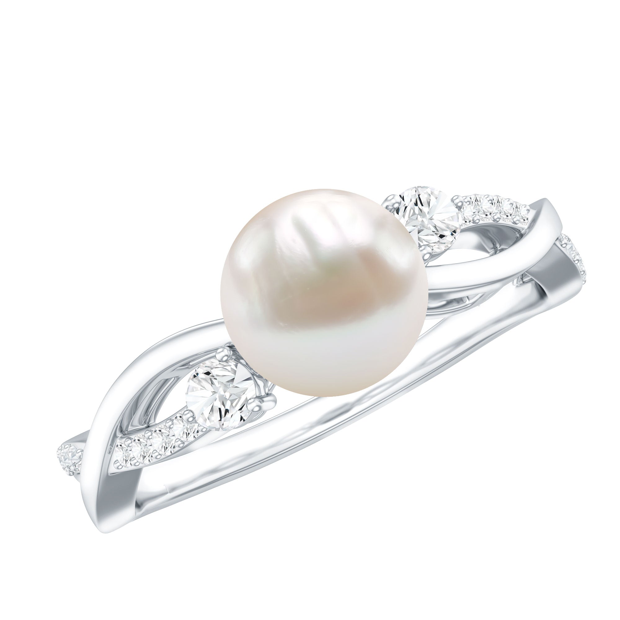 Rosec Jewels-Genuine 7.4 Carat Freshwater Pearl Engagement Ring with Diamond Crossover Shank