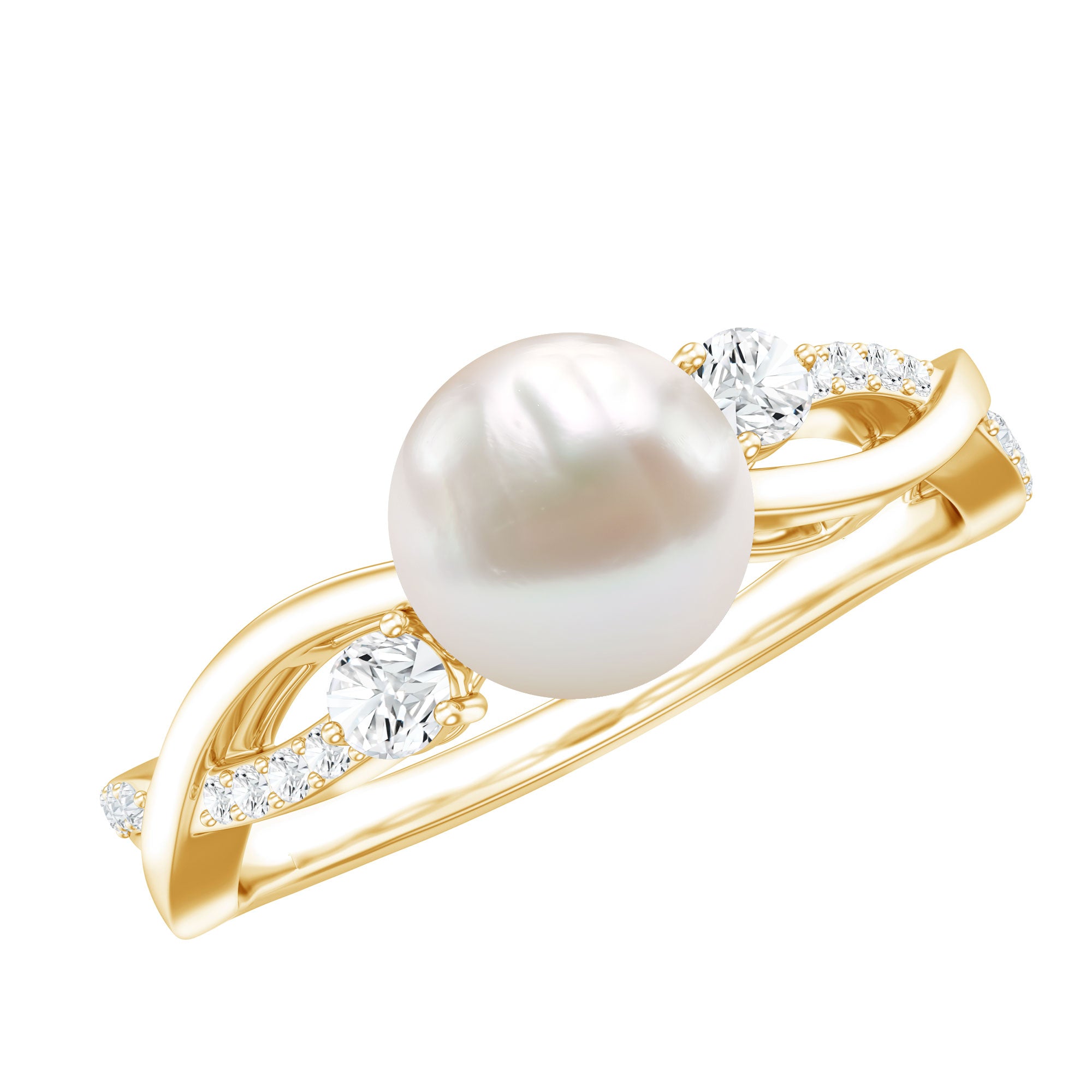 Rosec Jewels-Genuine 7.4 Carat Freshwater Pearl Engagement Ring with Diamond Crossover Shank