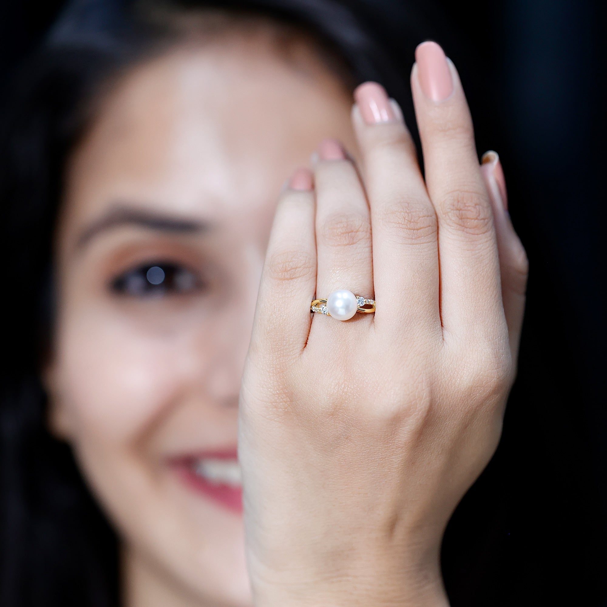 Rosec Jewels-Genuine 7.4 Carat Freshwater Pearl Engagement Ring with Diamond Crossover Shank