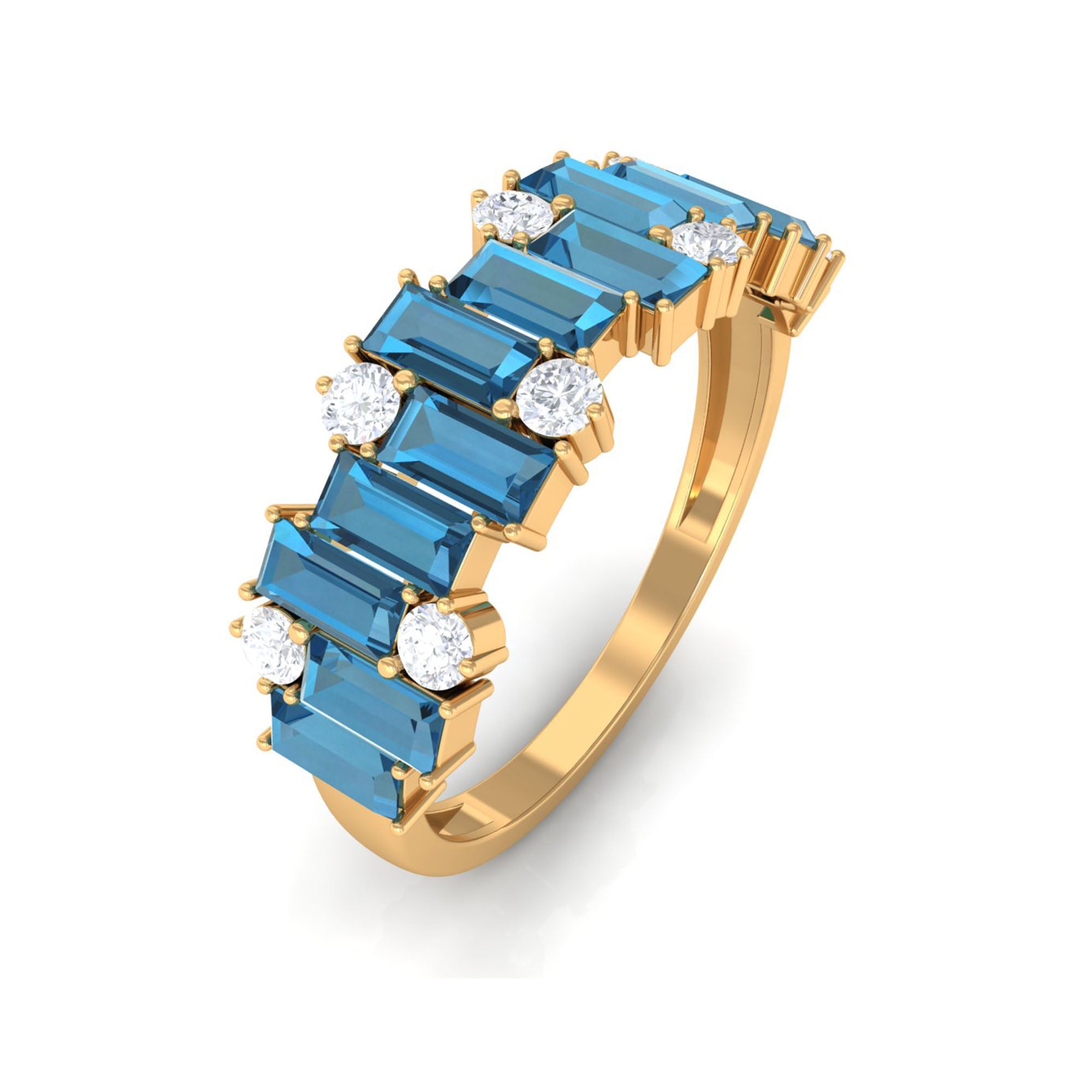 Baguette London Blue Topaz Uneven Eternity Ring with Diamond AAA - Rosec Jewels
