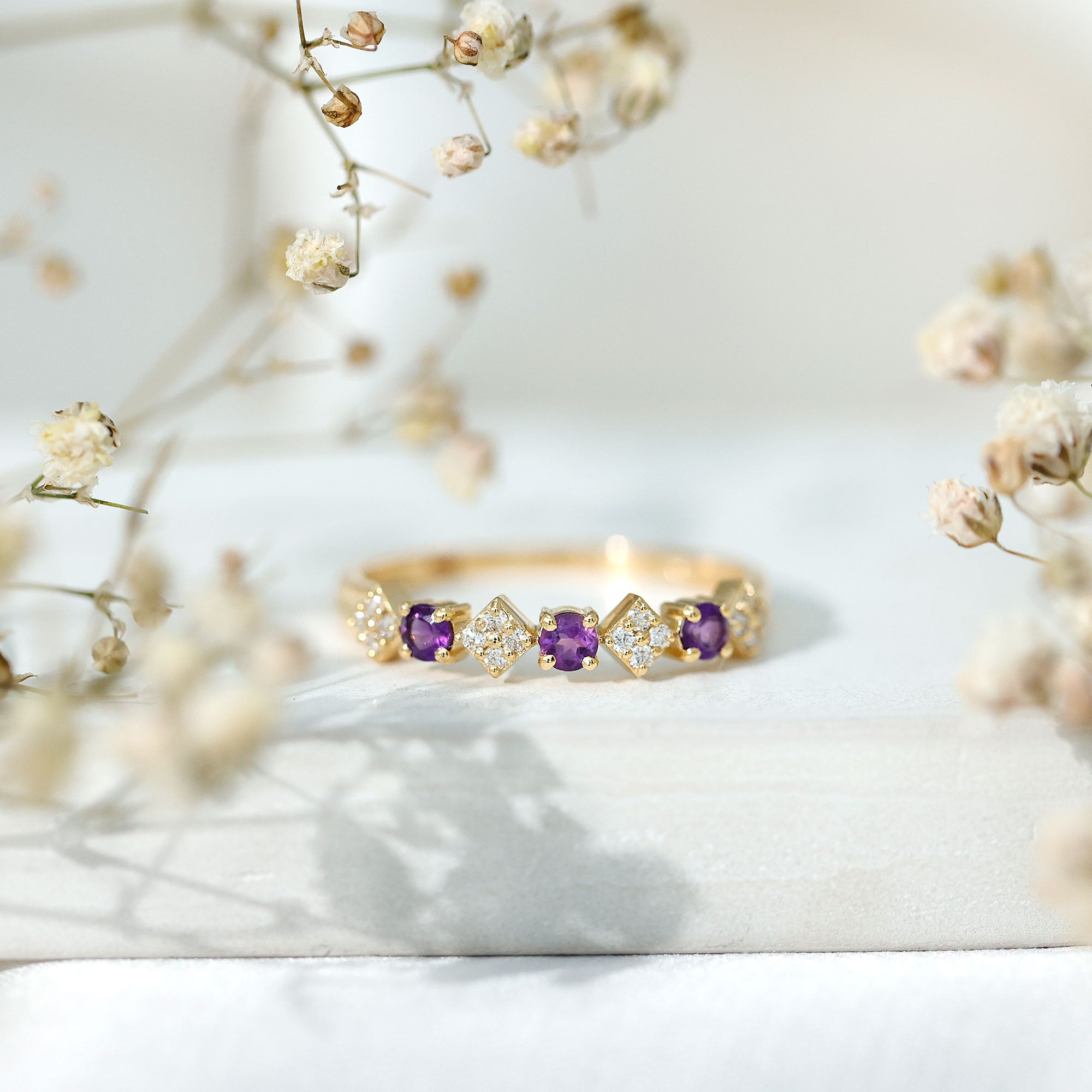 Rosec Jewels-Real Amethyst Half Eternity Ring with Diamond for Women