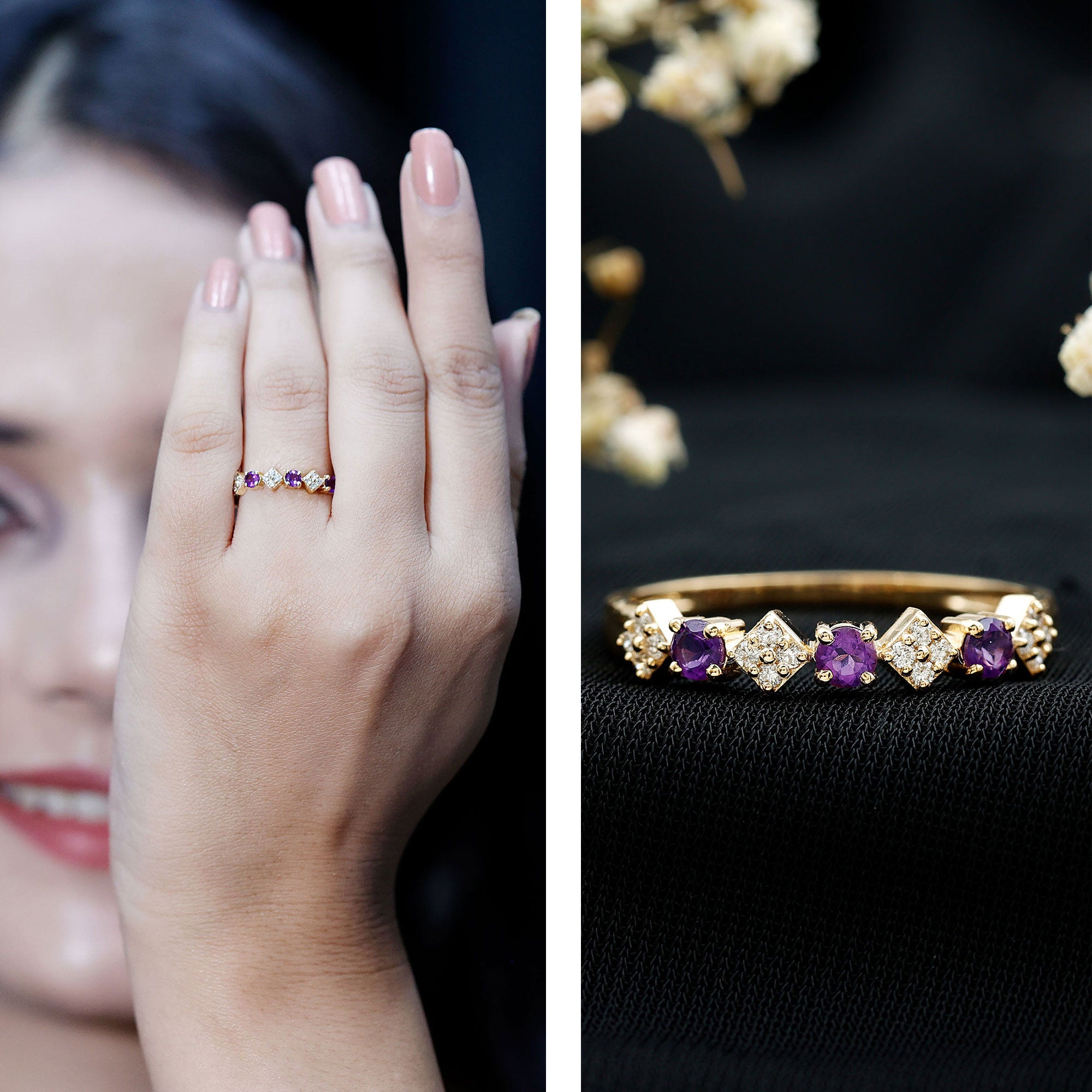 Rosec Jewels-Real Amethyst Half Eternity Ring with Diamond for Women