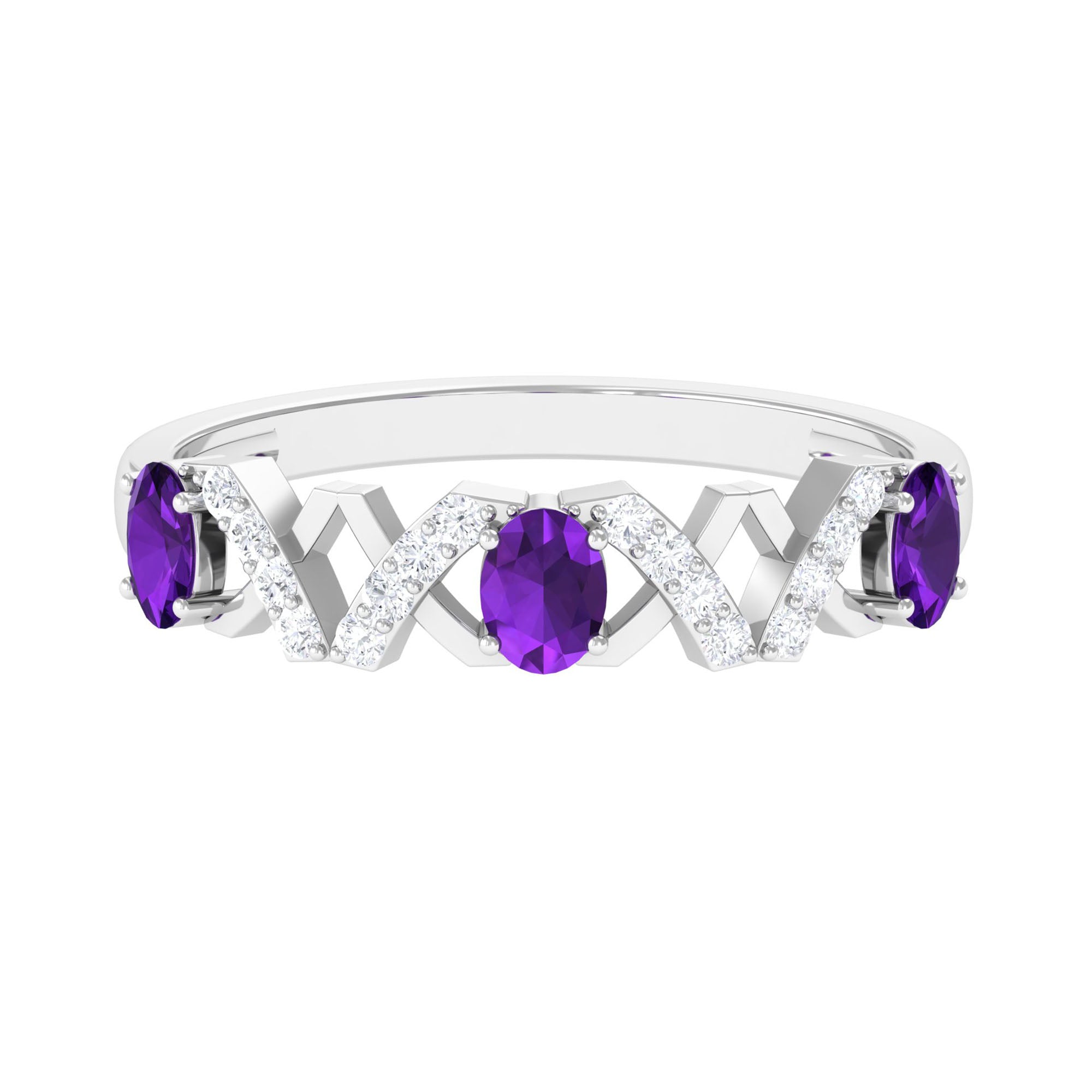 Natural Oval Amethyst Half Eternity Ring with Diamond AAA - Rosec Jewels
