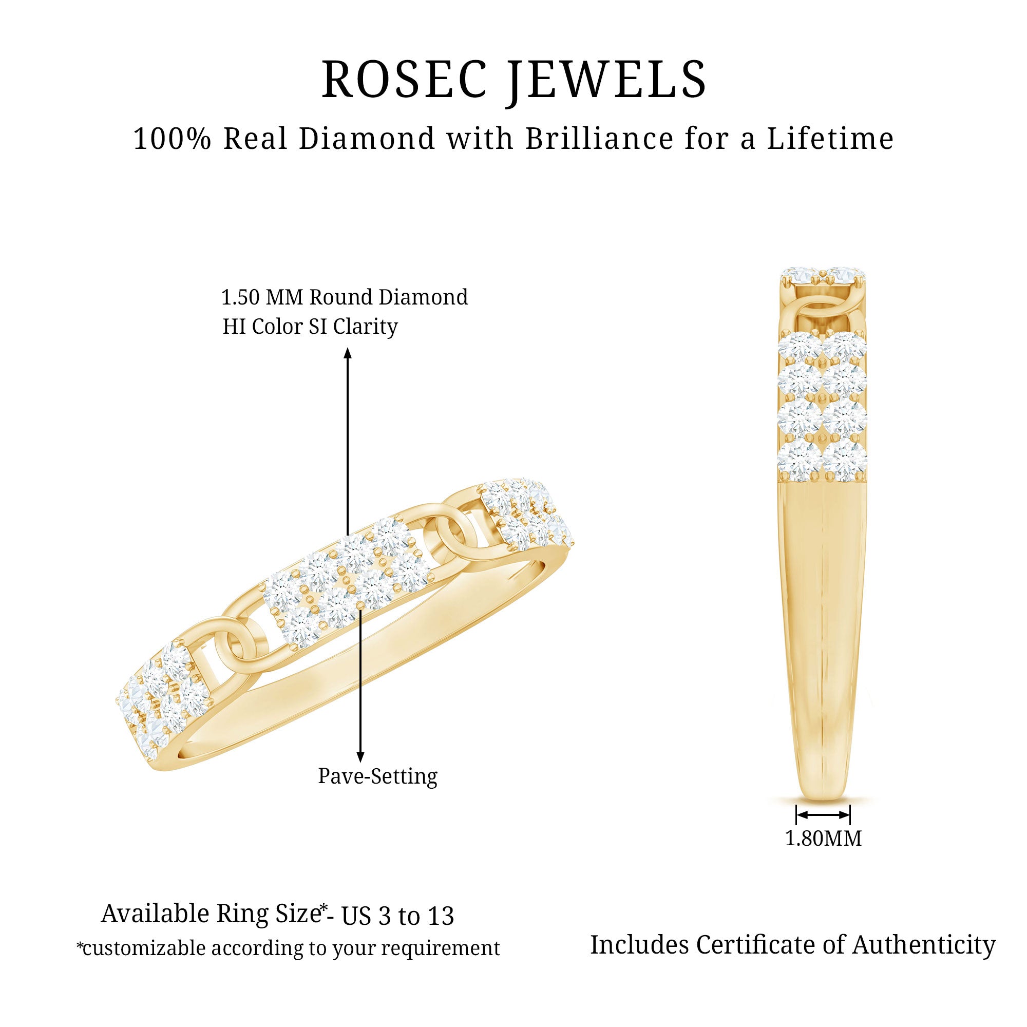 Certified Natural Diamond Interlock Half Eternity Band Ring Natural - ( HI-SI ) - Rosec Jewels