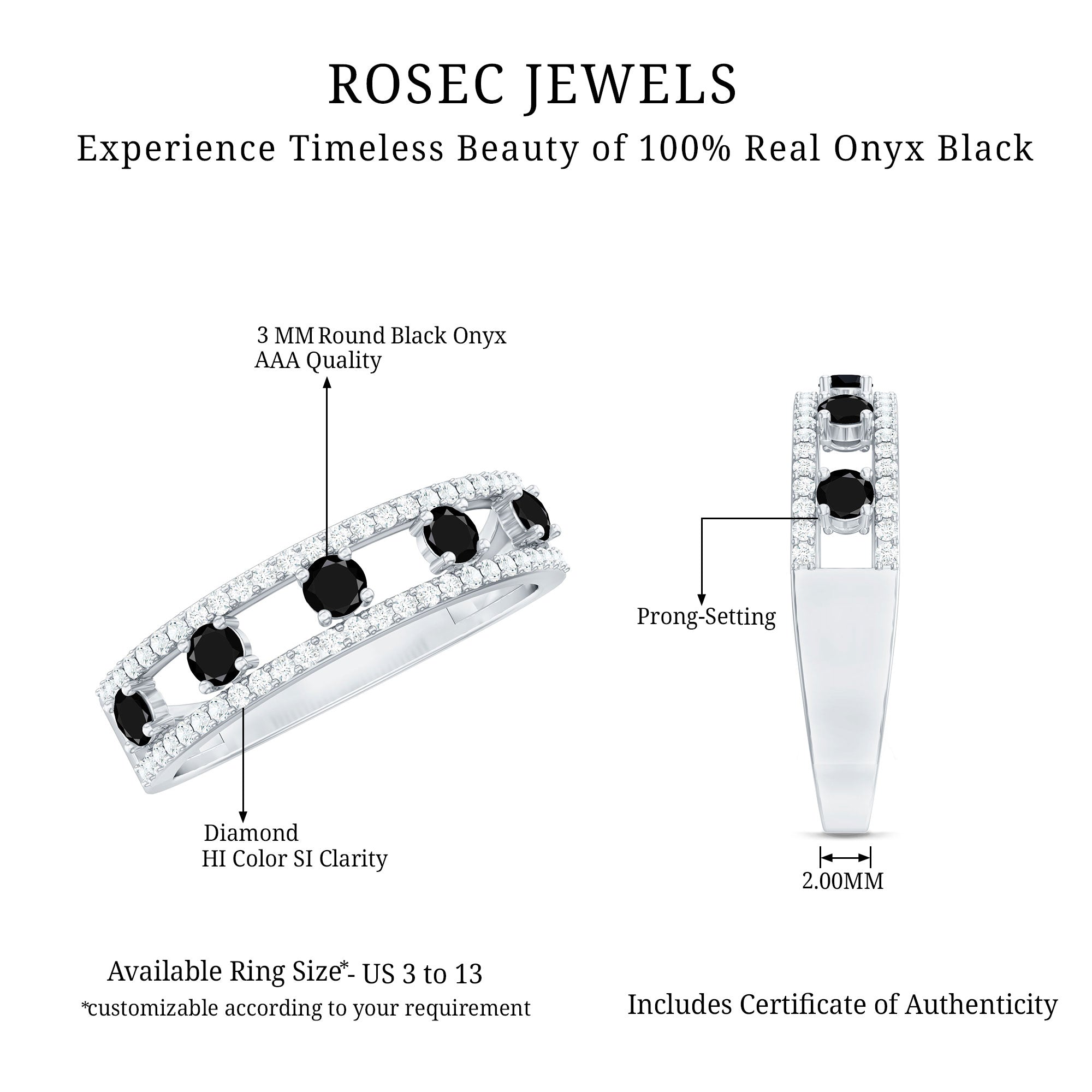 Round Cut Black Onyx and Diamond Half Eternity Band Ring AAA - Rosec Jewels