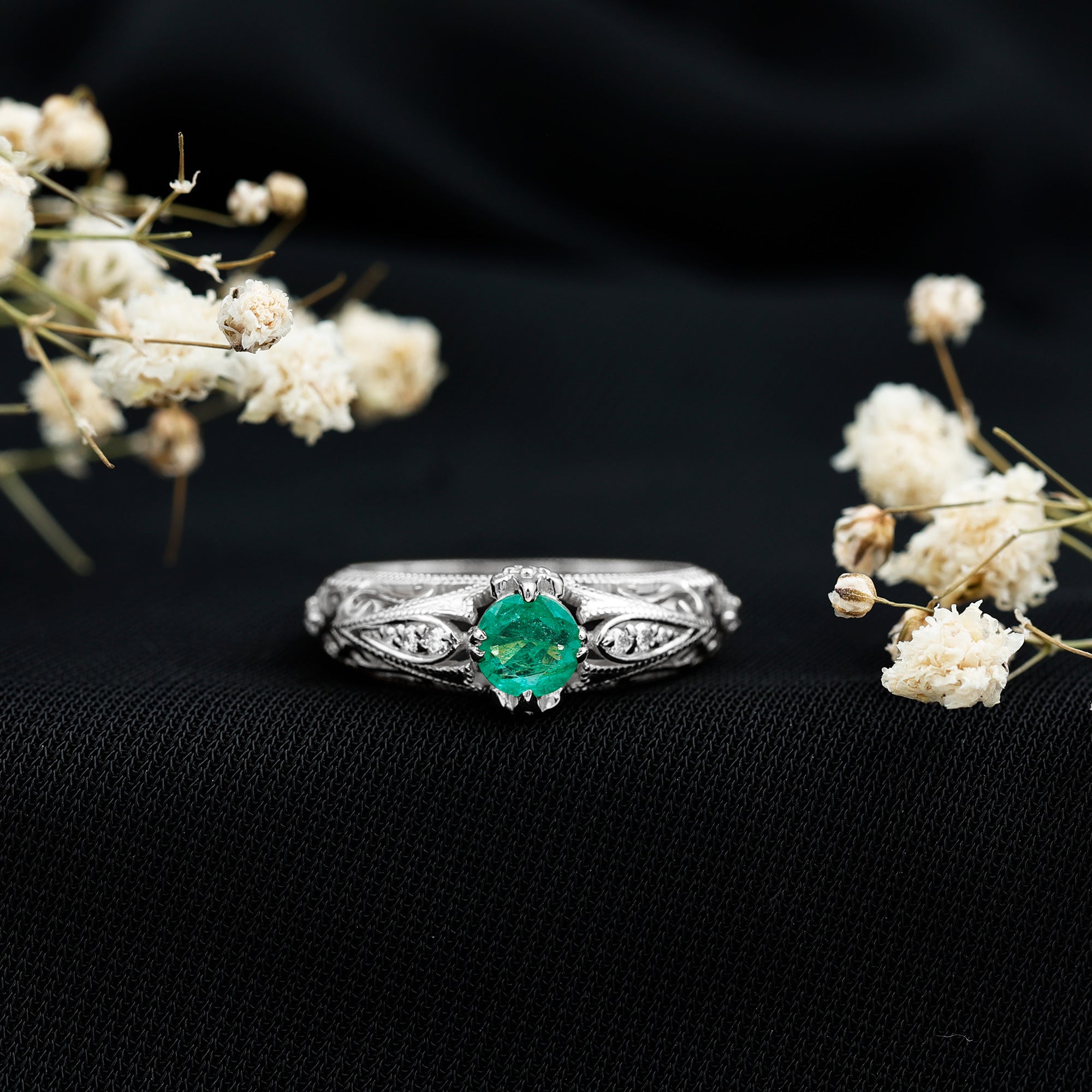 Natural Emerald Diamond Antique Looking Engagement Ring AAA - Rosec Jewels