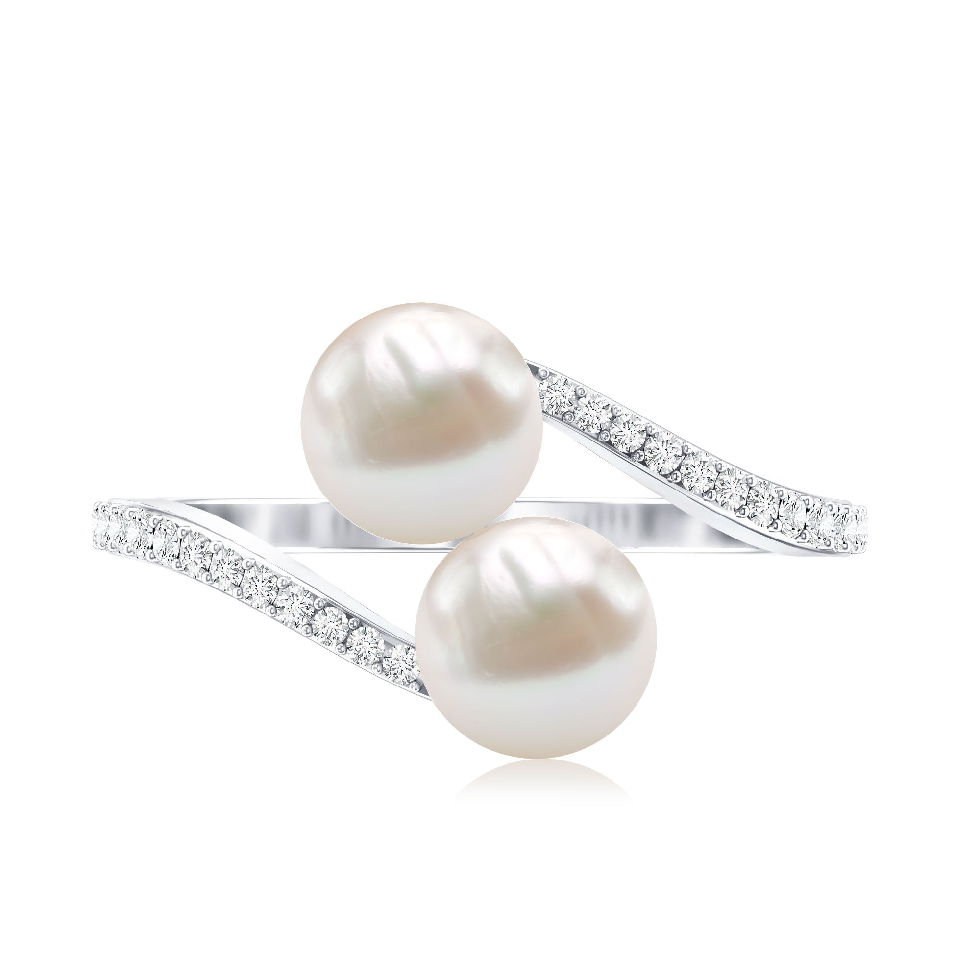 Rosec Jewels-Natural Freshwater Pearl 2 Stone Engagement Ring with Diamond