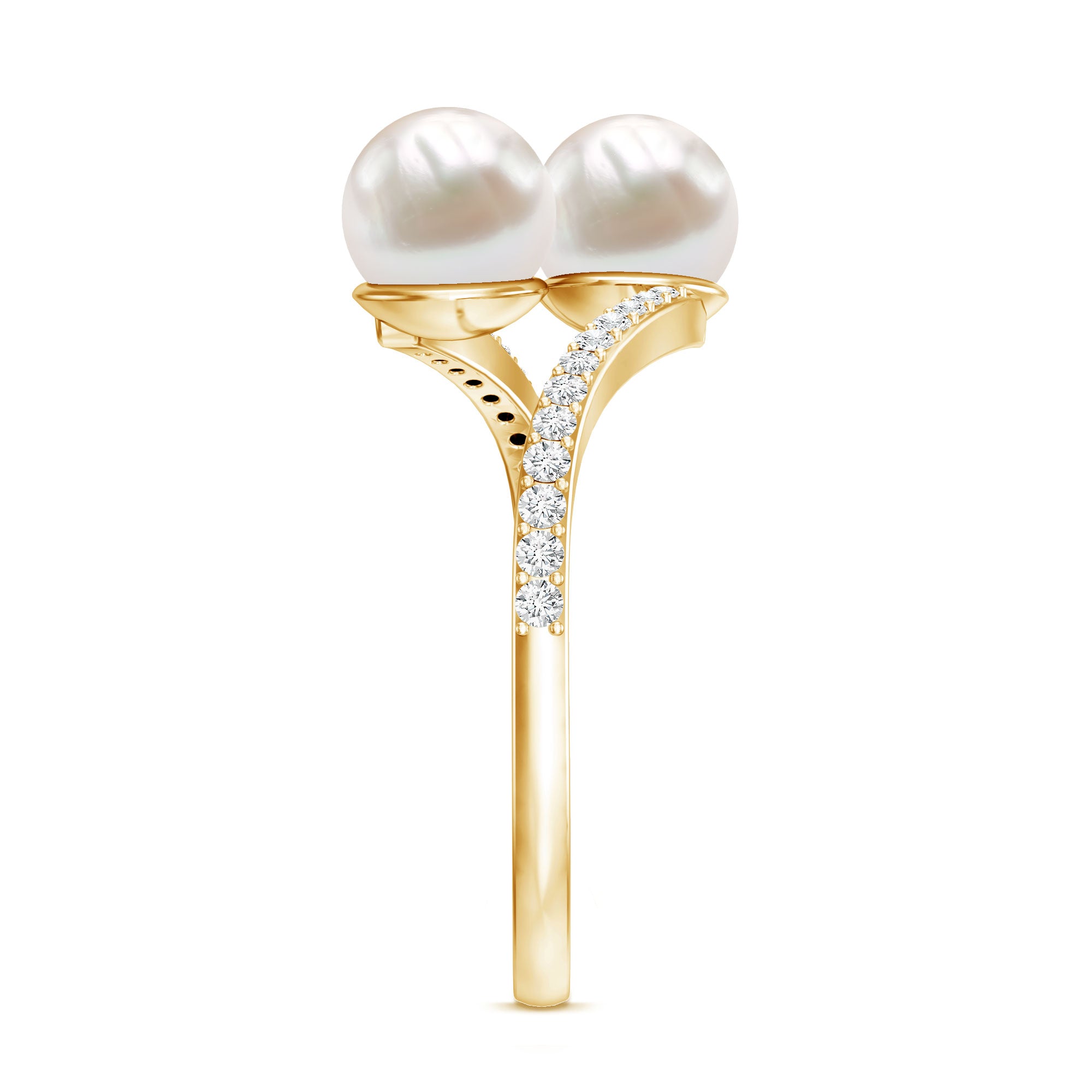 Rosec Jewels-Natural Freshwater Pearl 2 Stone Engagement Ring with Diamond