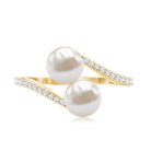 Rosec Jewels-Natural Freshwater Pearl 2 Stone Engagement Ring with Diamond