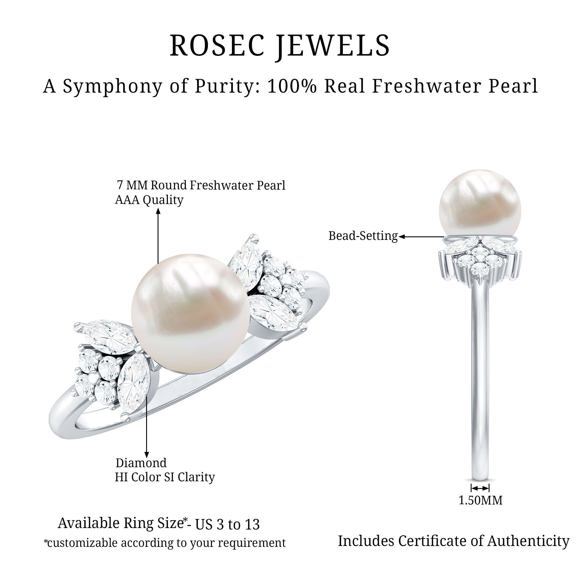 Rosec Jewels-Nature Inspired 3 Carat Freshwater Pearl Engagement Ring with Diamond