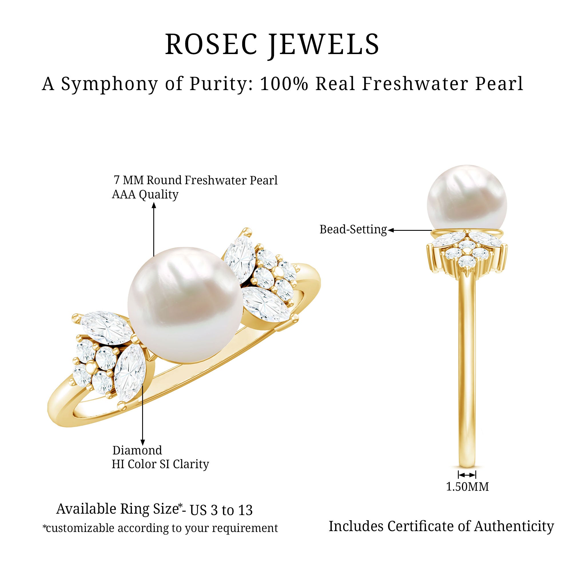 Rosec Jewels-Nature Inspired 3 Carat Freshwater Pearl Engagement Ring with Diamond
