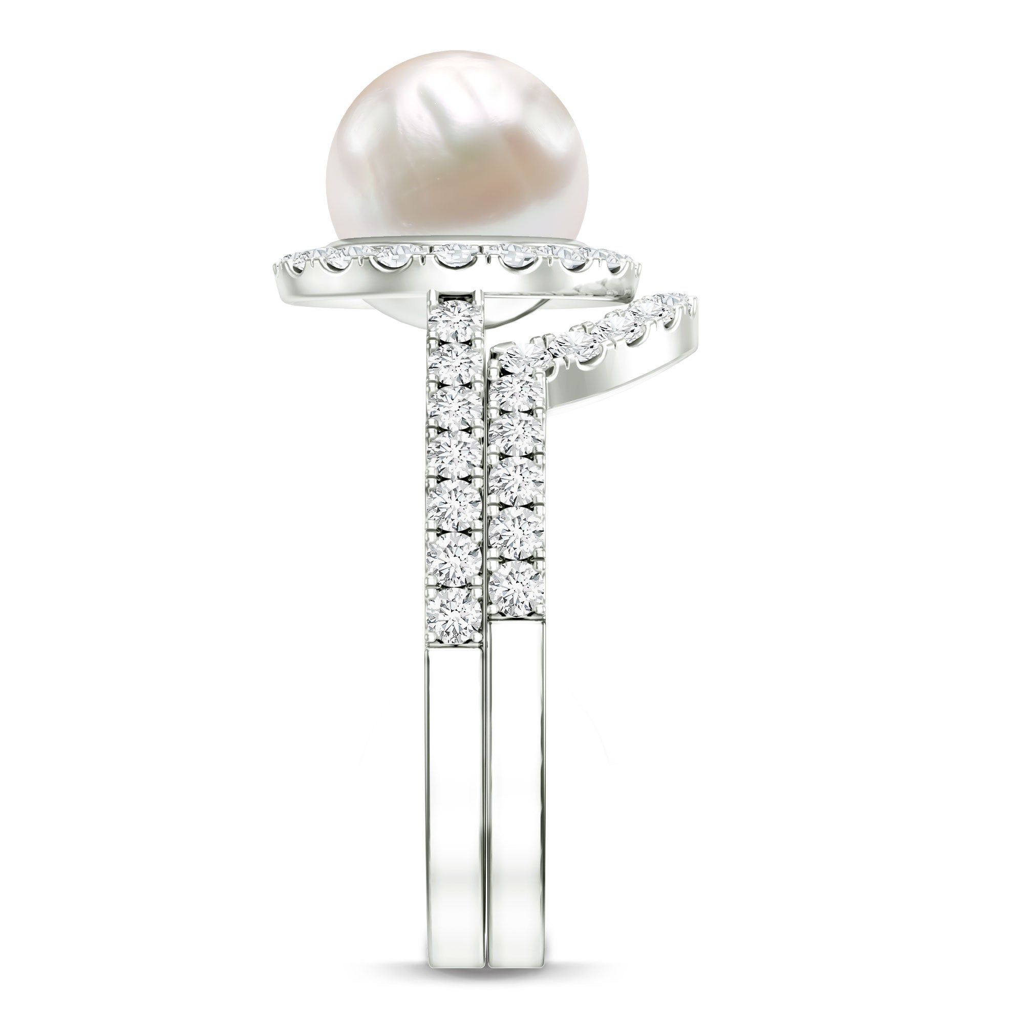 Rosec Jewels-Cultured 7 mm Freshwater Pearl Engagement Ring with Diamond Wedding Band
