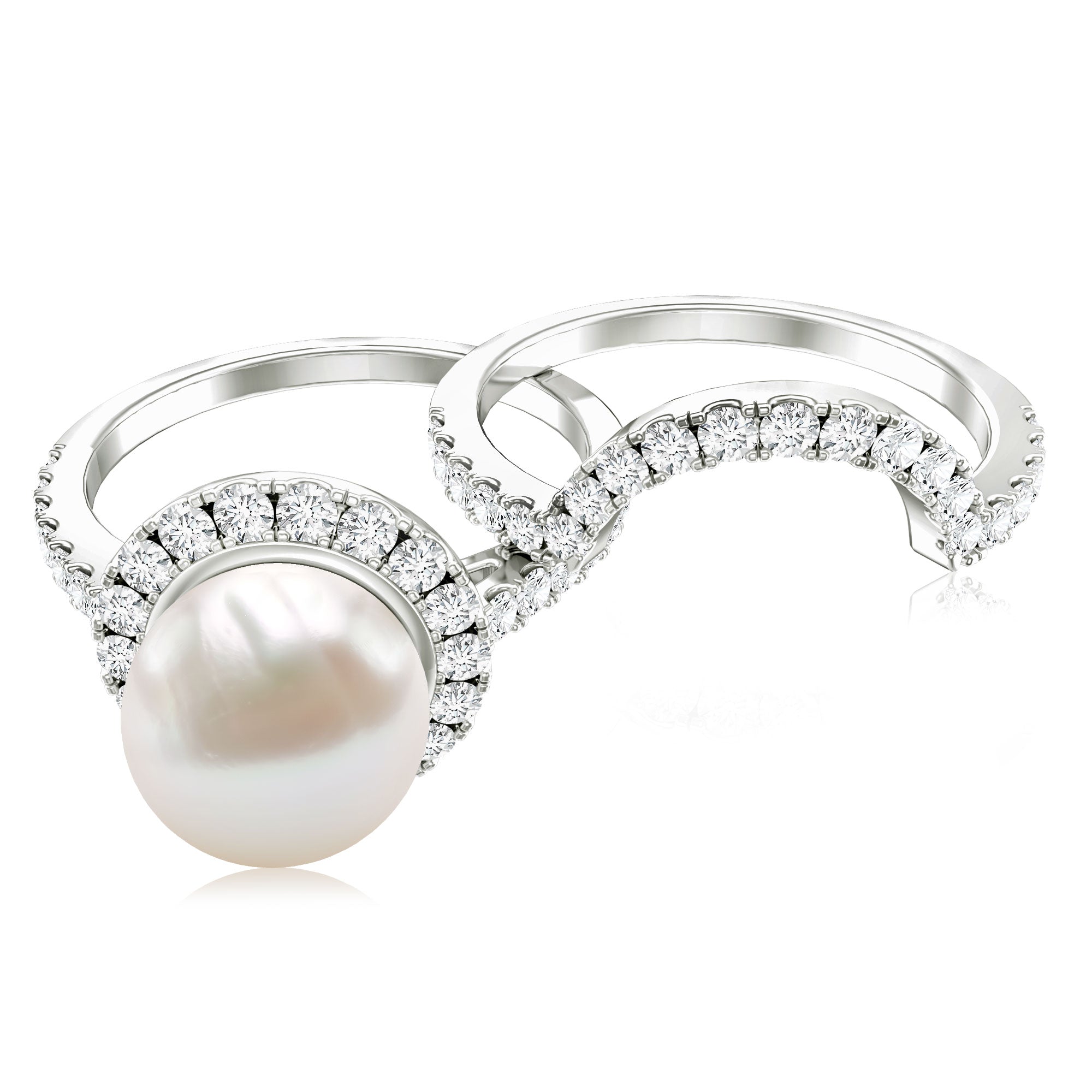 Rosec Jewels-Cultured 7 mm Freshwater Pearl Engagement Ring with Diamond Wedding Band