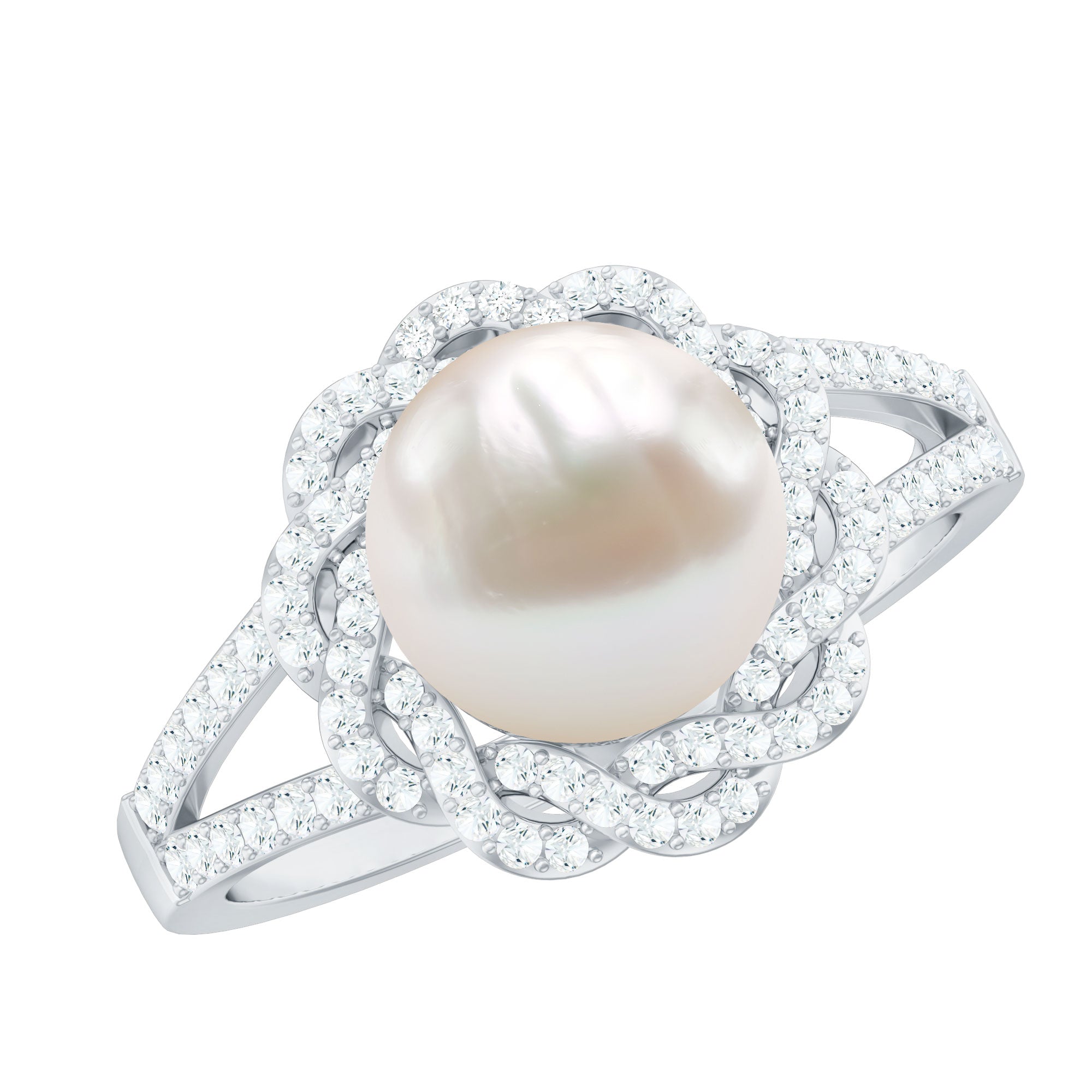 Split Shank Freshwater Pearl and Diamond Braided Statement Ring AAA - Rosec Jewels