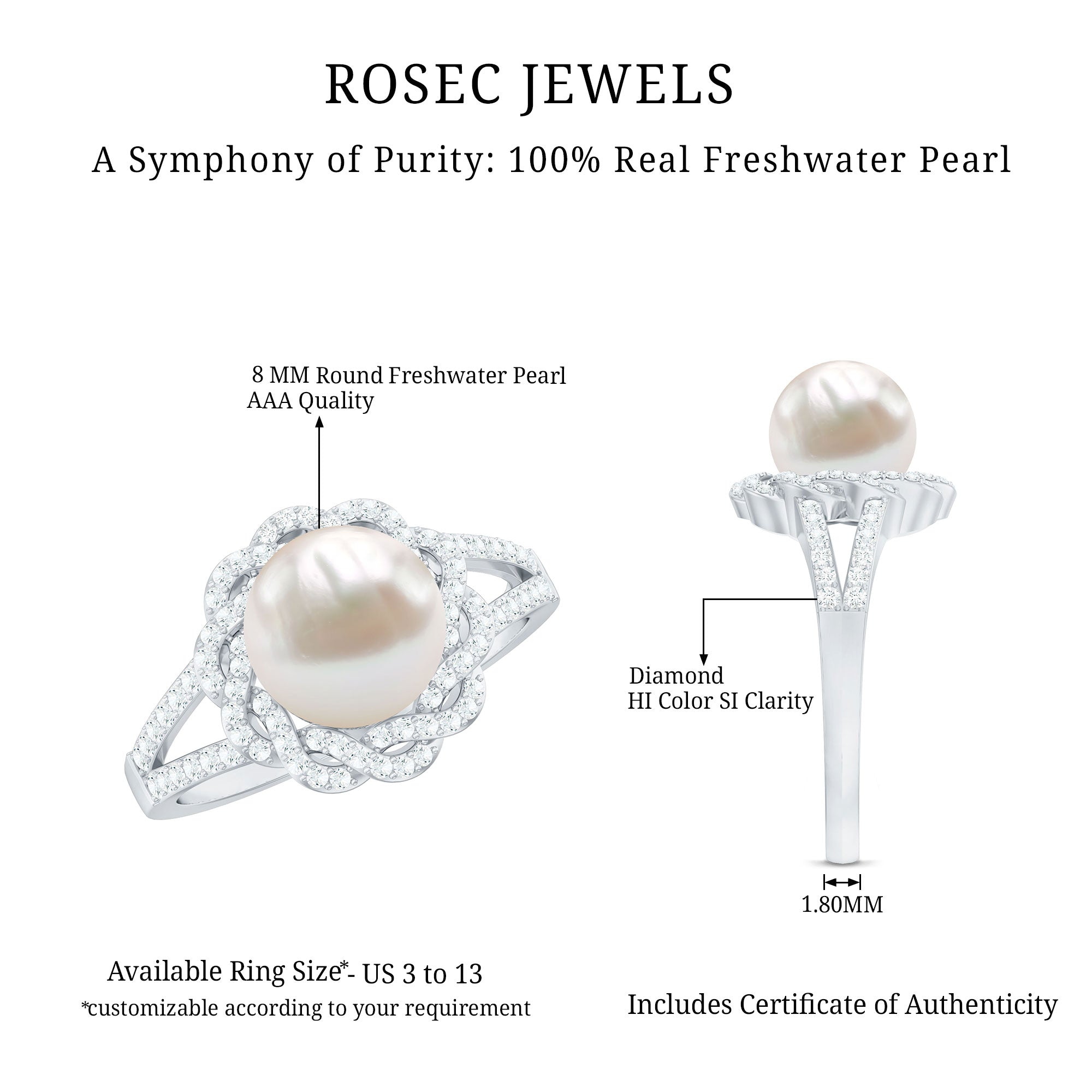 Split Shank Freshwater Pearl and Diamond Braided Statement Ring AAA - Rosec Jewels