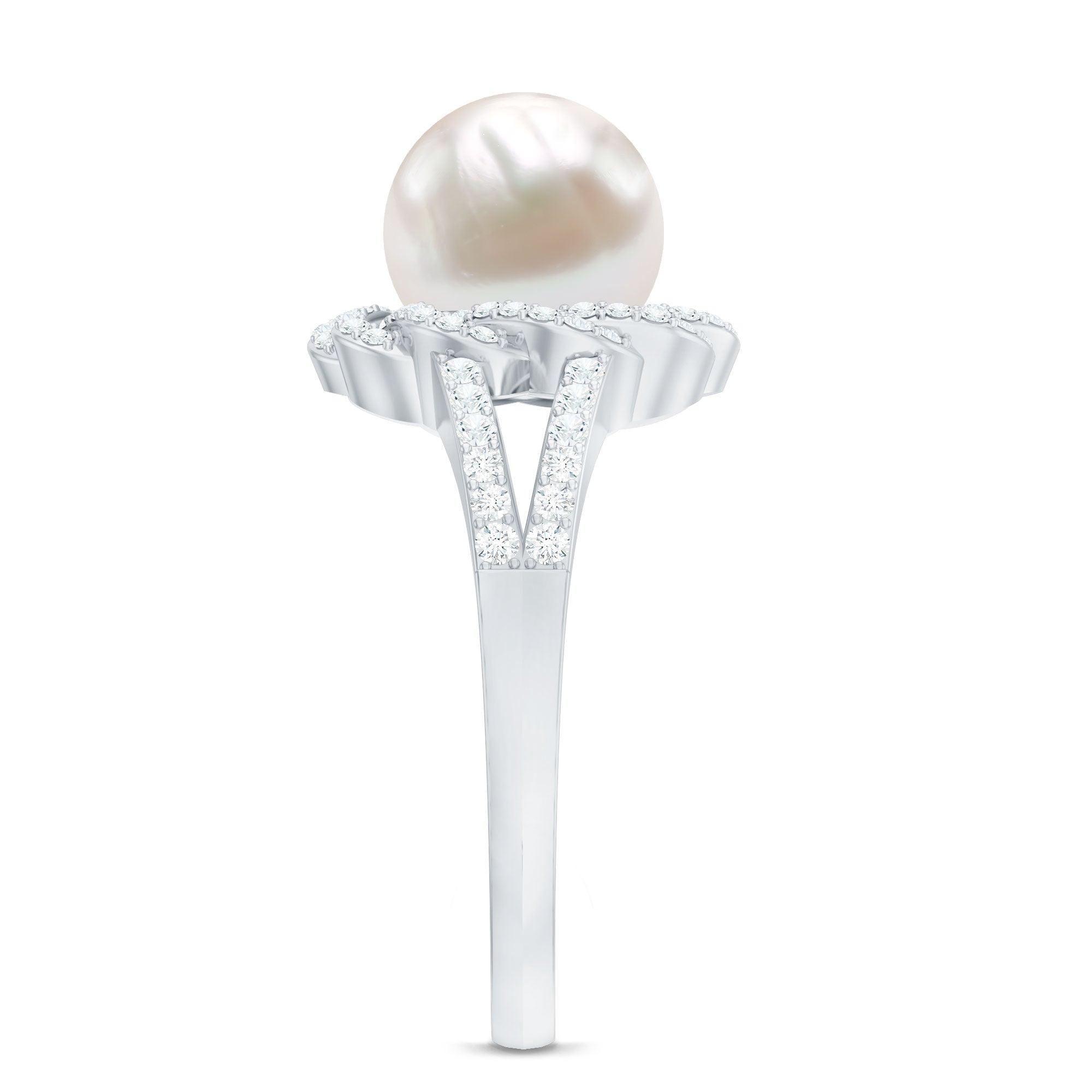 Split Shank Freshwater Pearl and Diamond Braided Statement Ring AAA - Rosec Jewels