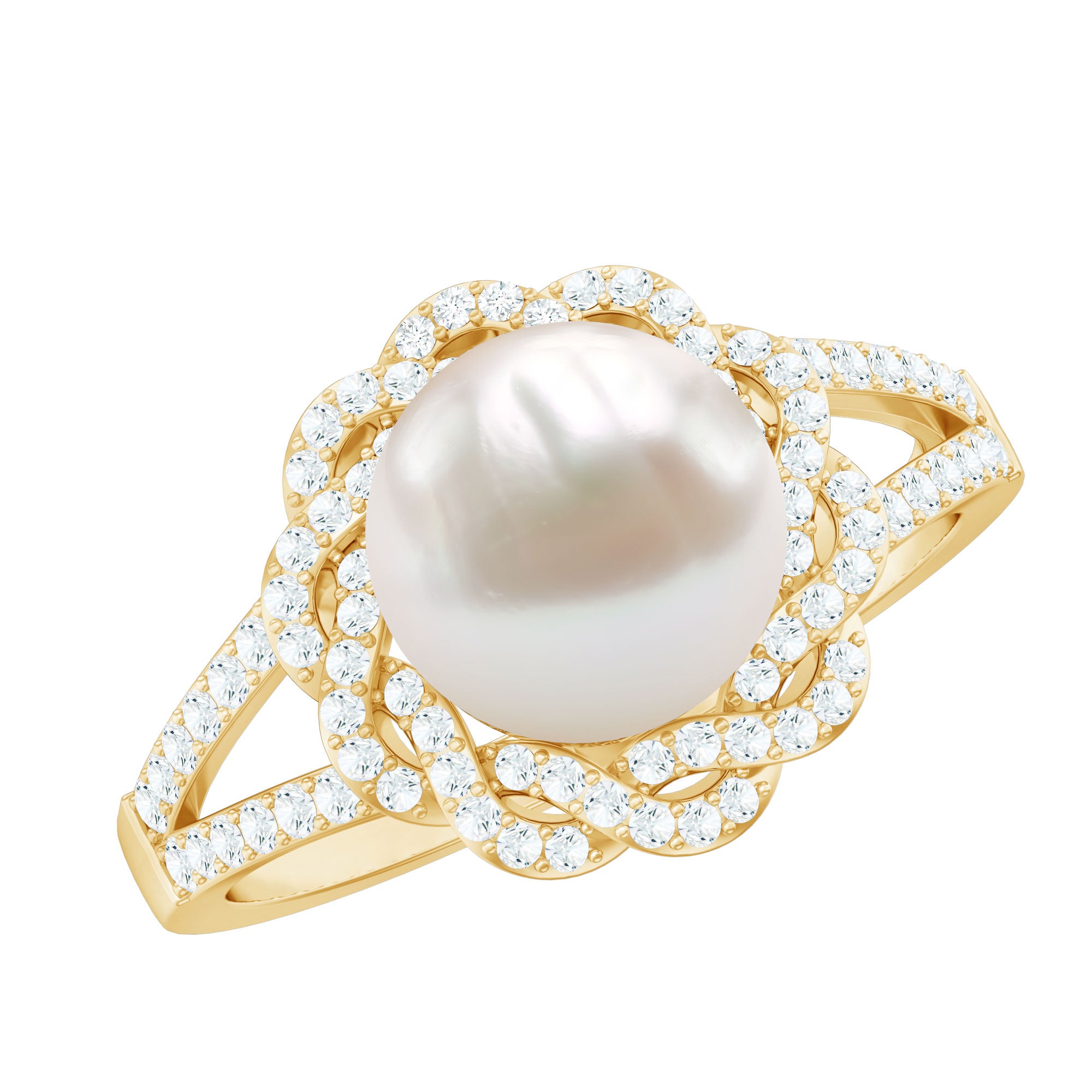 Split Shank Freshwater Pearl and Diamond Braided Statement Ring AAA - Rosec Jewels
