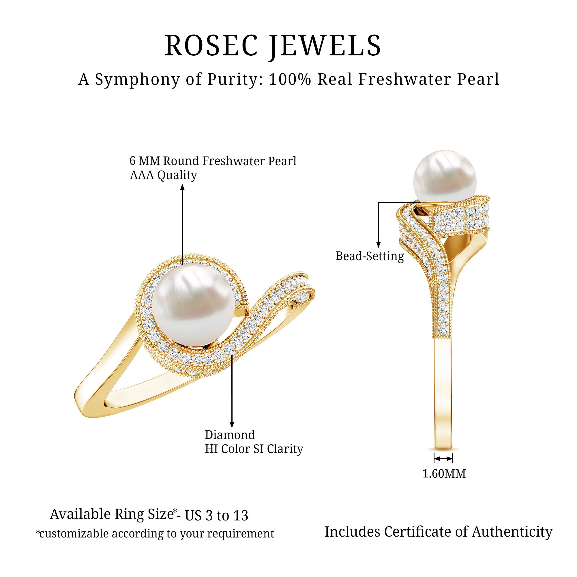2 Carat Freshwater Pearl Bypass Engagement Ring with Diamond AAA - Rosec Jewels