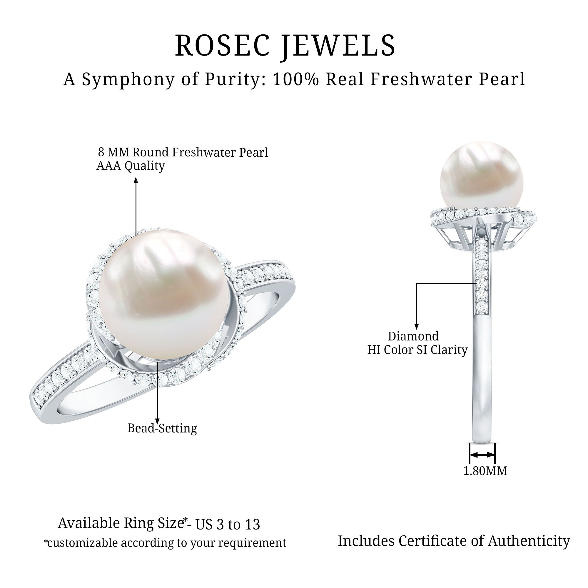 Rosec Jewels-Designer 7.4 Carat Freshwater Pearl Engagement Ring with Diamond