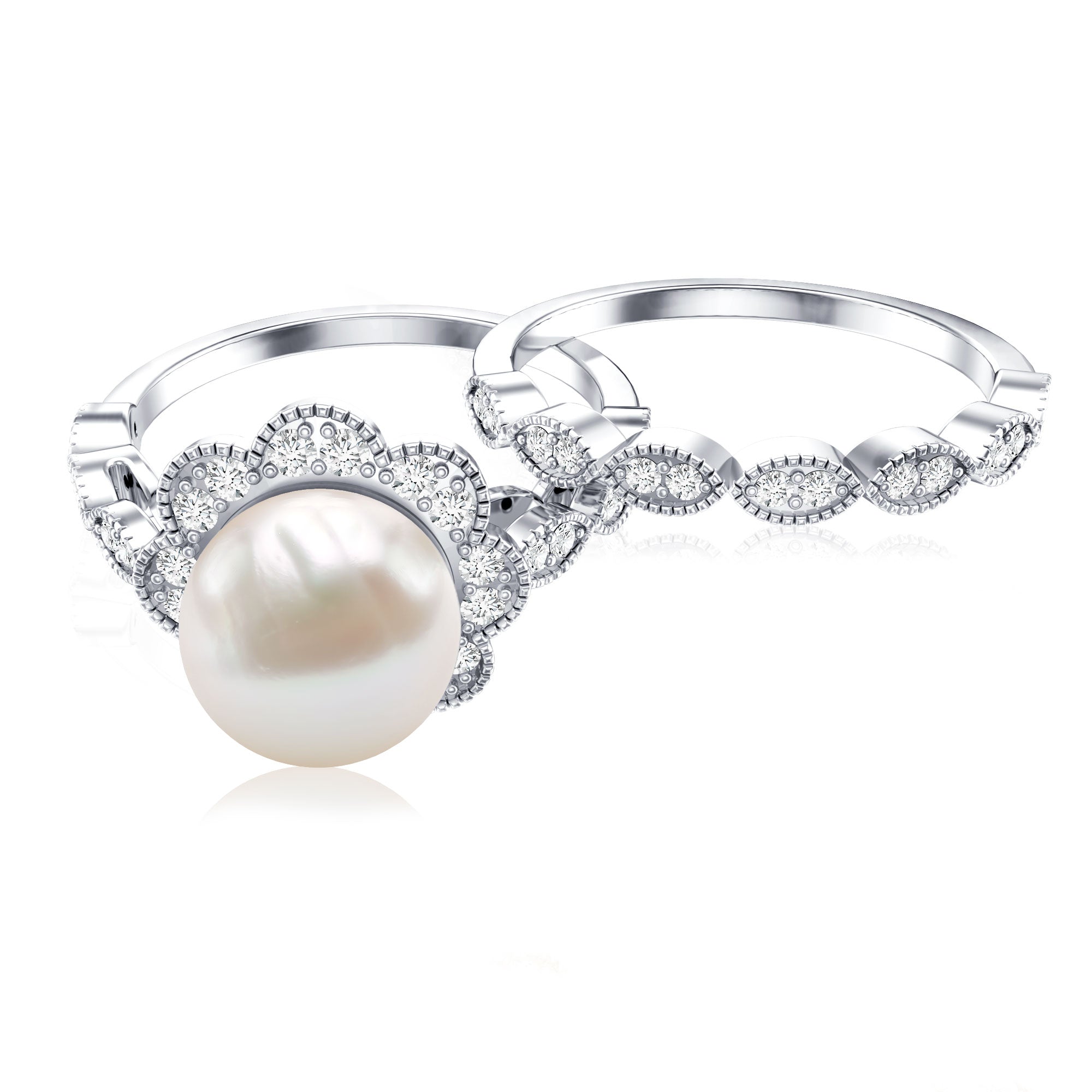 Freshwater Pearl and Diamond Wedding Ring Set AAA - Rosec Jewels