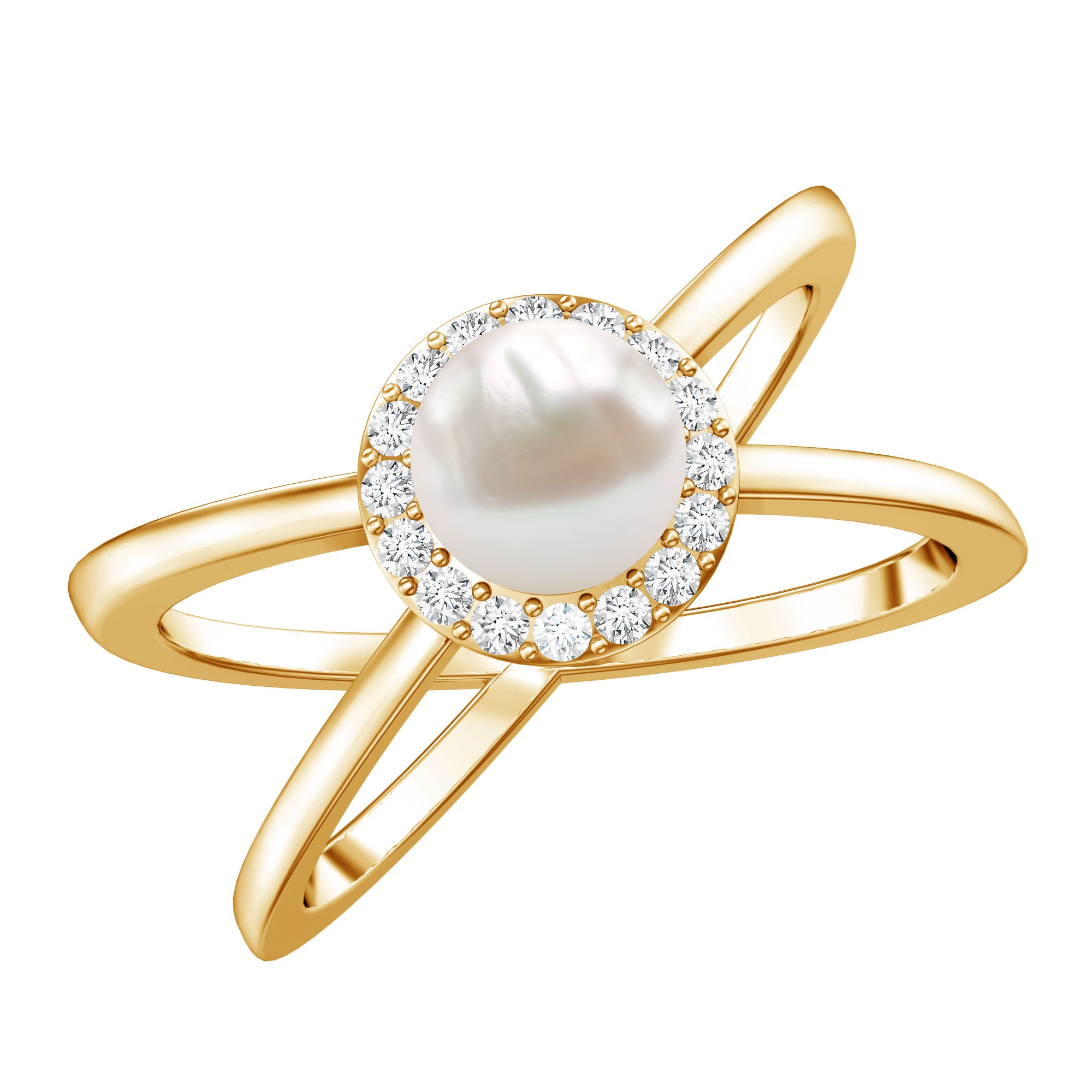 Rosec Jewels-Real 2 Carat Freshwater Pearl Diamond Halo Engagement Ring with Criss Cross Shank