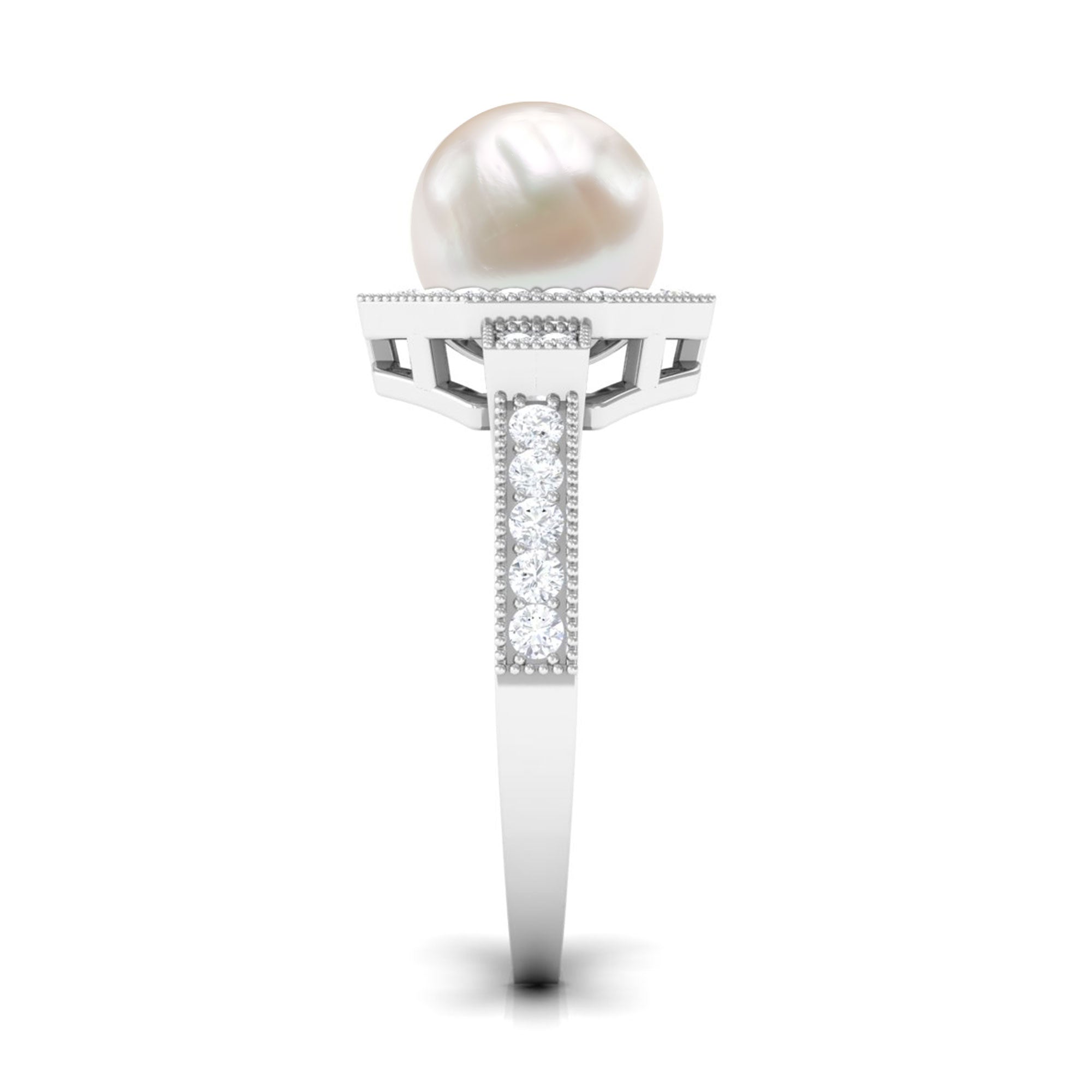 Art Deco Inspired 2 Carat Freshwater Pearl Engagement Ring with Diamond Halo AAA - Rosec Jewels