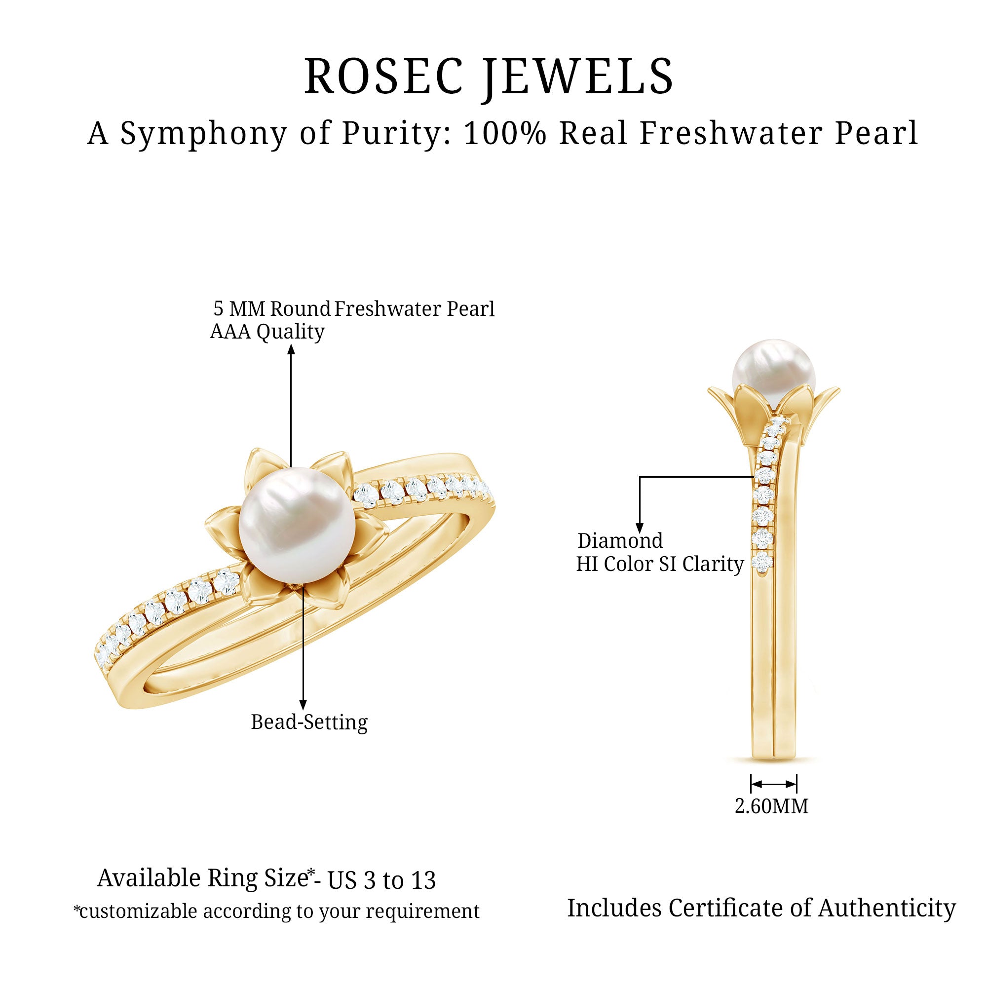 2 Carat Freshwater Pearl and Diamond Flower Engagement Ring AAA - Rosec Jewels