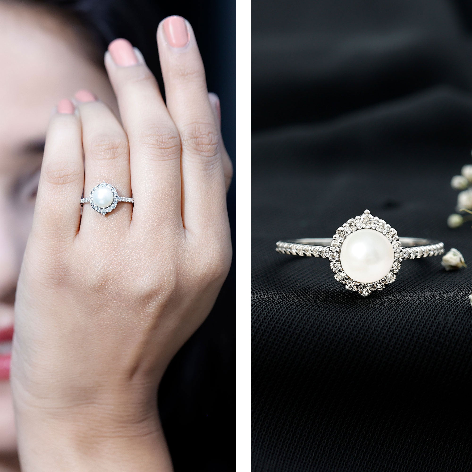 Rosec Jewels-Freshwater Pearl and Diamond Halo Engagement Ring